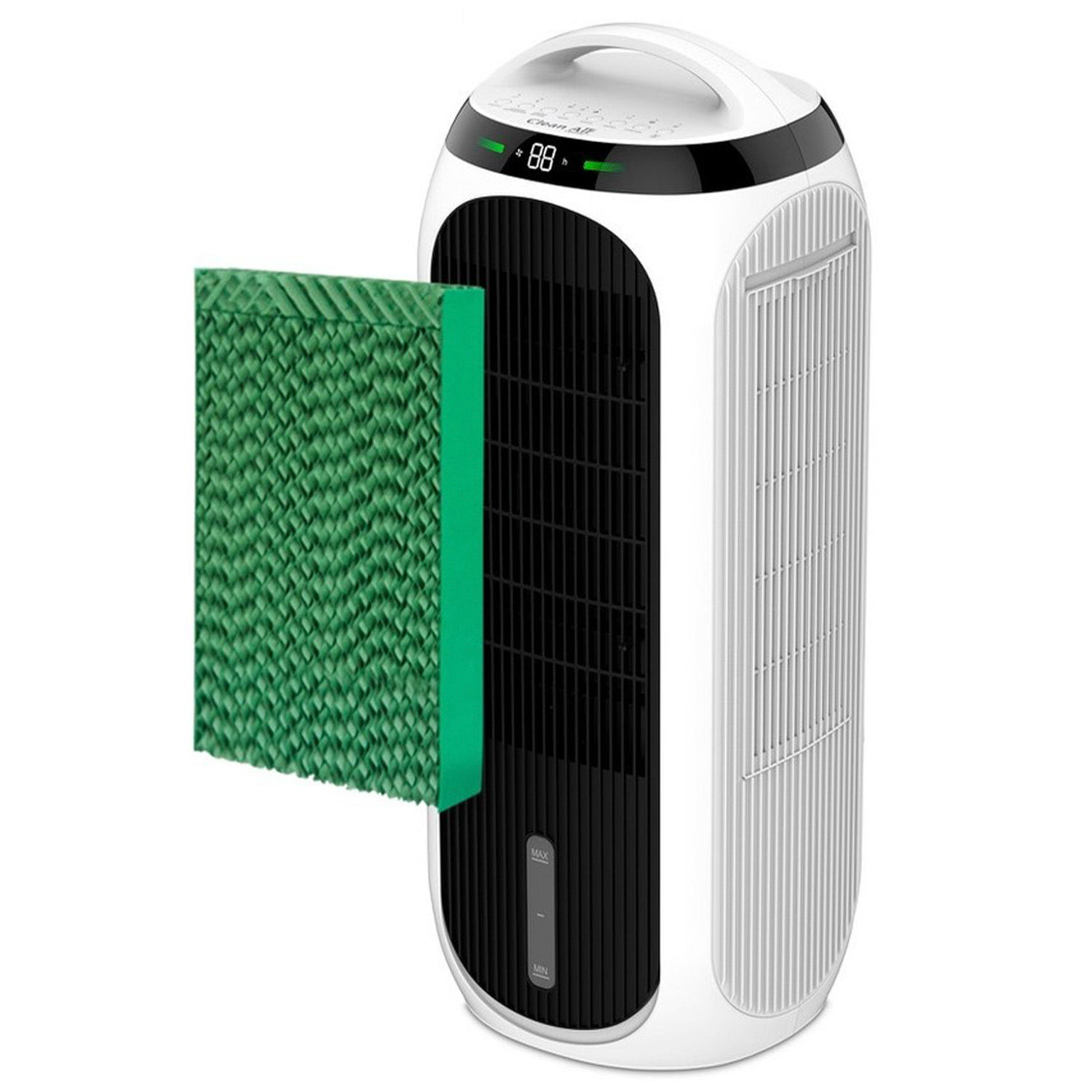 White and black air purifier with a green air filter.