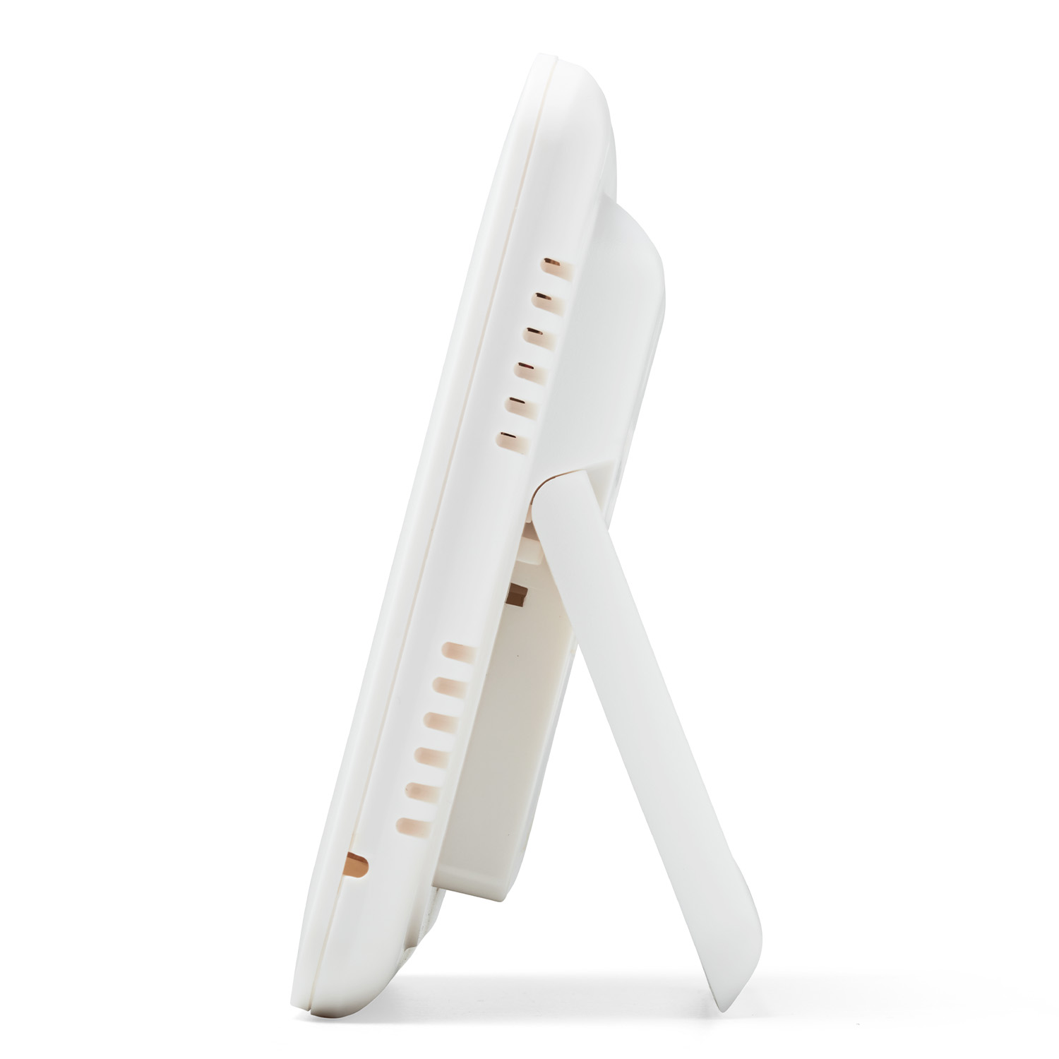 Weißes digitales Thermometer mit Ständer. Der Bildschirm zeigt Temperatur und andere Informationen.