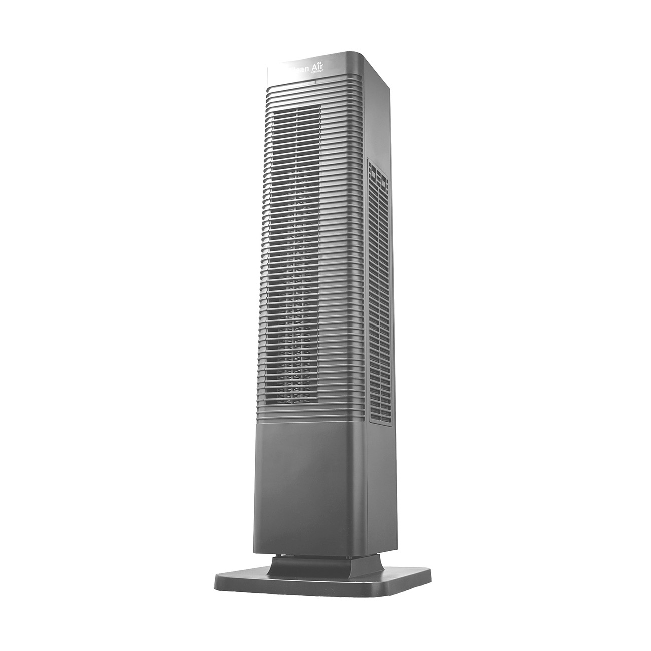 Een hoge, grijze, rechthoekige torenventilator met een voet, geïsoleerd op een witte achtergrond.