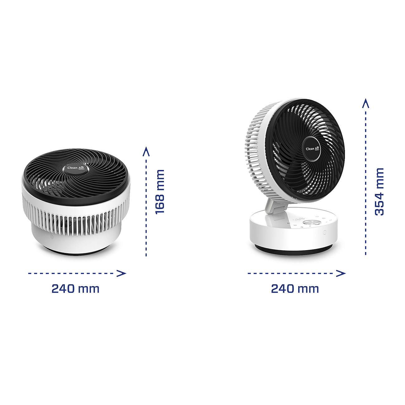 Deux ventilateurs. Un cylindrique, l'autre un ventilateur standard. Les deux sont blancs et noirs. Les dimensions sont indiquées.