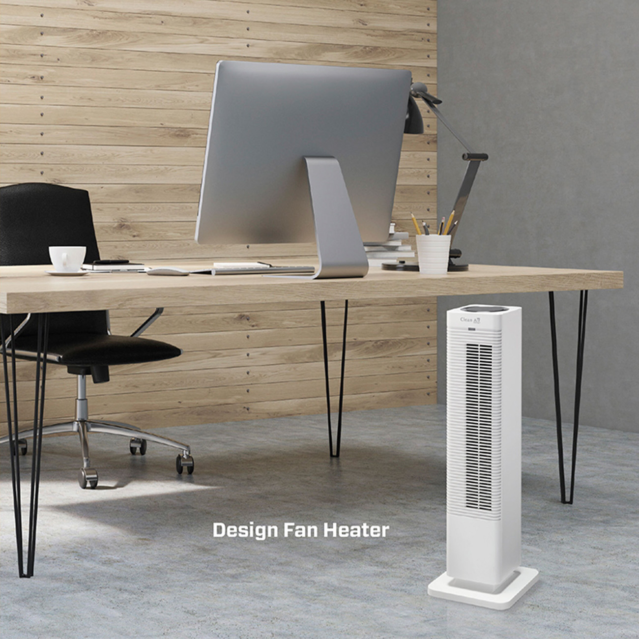 Biuro z biurkiem i białym grzejnikiem wentylatorowym. Obecny jest również monitor komputerowy, lampa i krzesło.