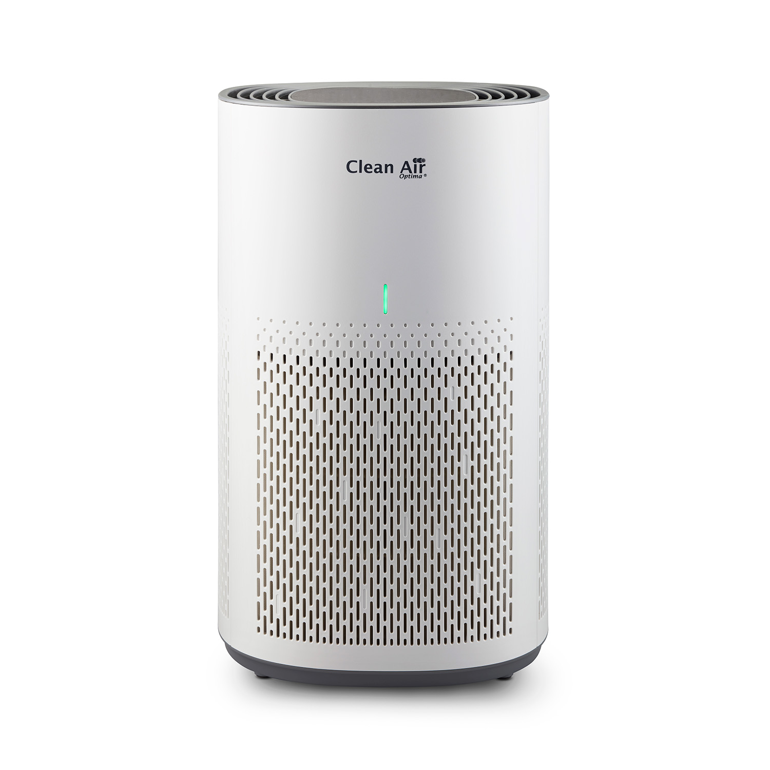 White air purifier on a white background with the brand name Clean Air Optima.