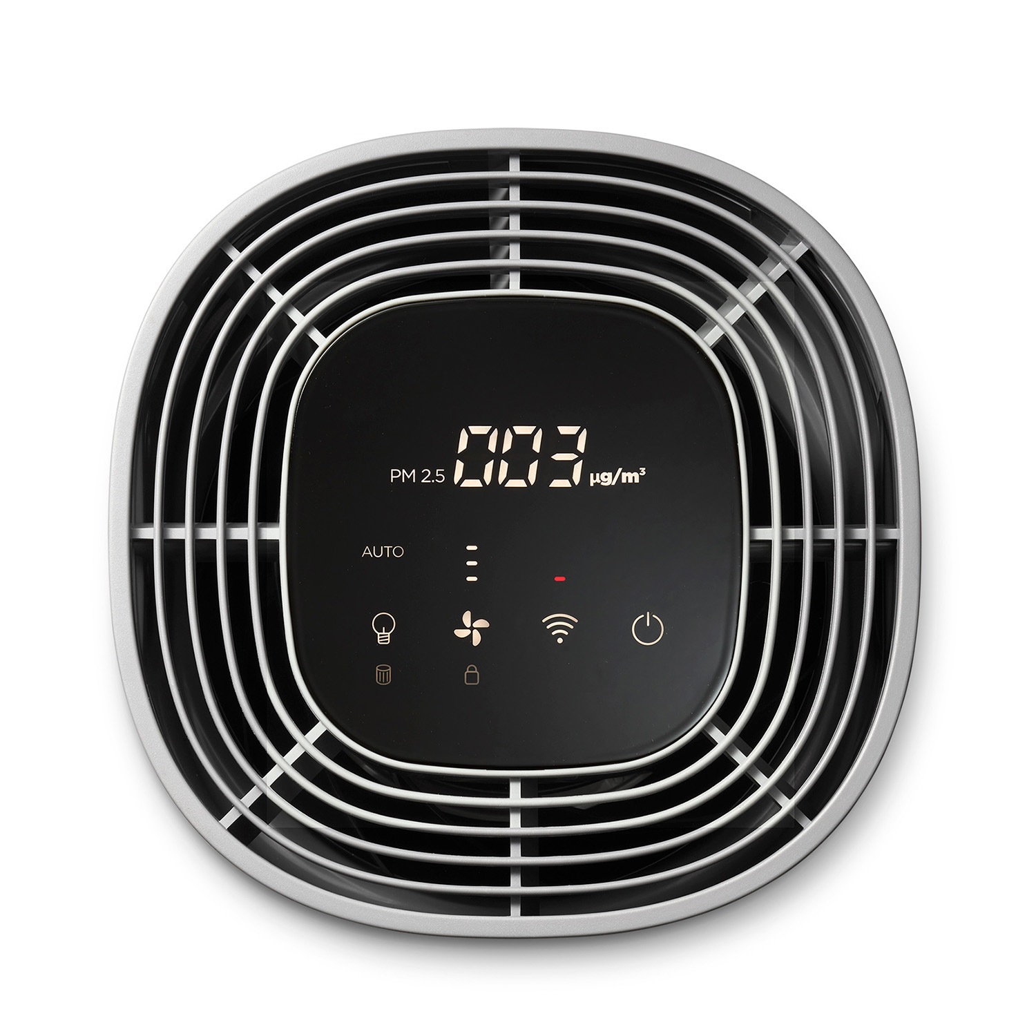 Air purifier top view, black panel with display showing PM2.5 levels, surrounded by a silver grill.