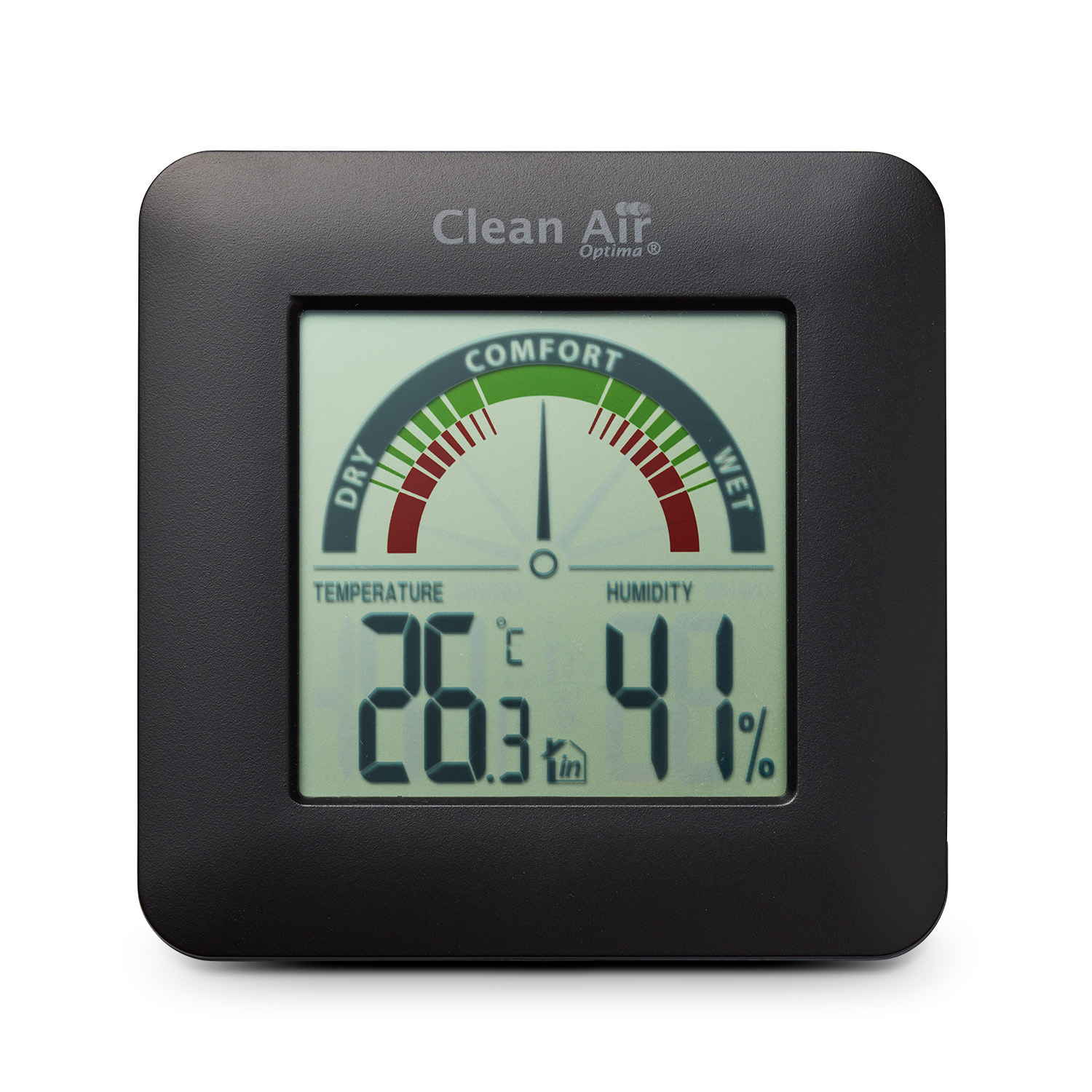 Een zwarte digitale thermometer met een temperatuur- en vochtigheidsweergave.