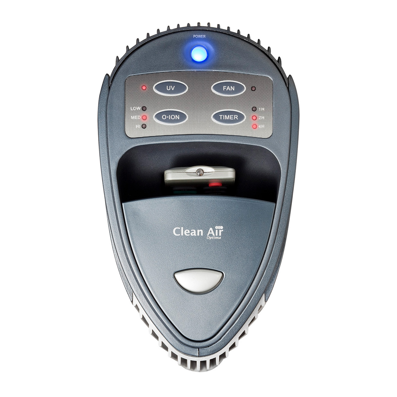 Een bovenaanzicht van een luchtreiniger met knoppen voor UV, ventilator, ion en timer.