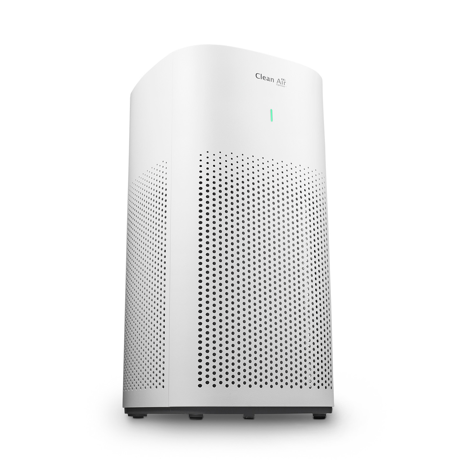 White air purifier with a black perforated front. 'Clean Air' text is on the front.