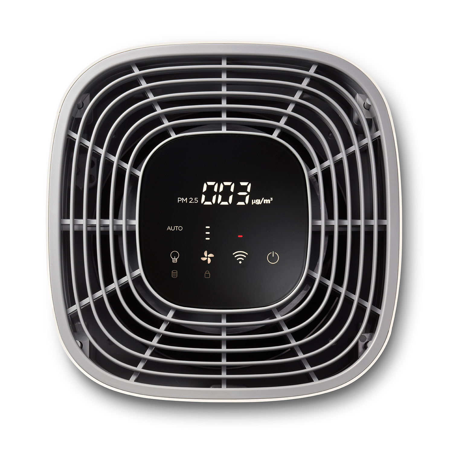 Top view of an air purifier with a display showing PM2.5, 32 degrees and other icons.
