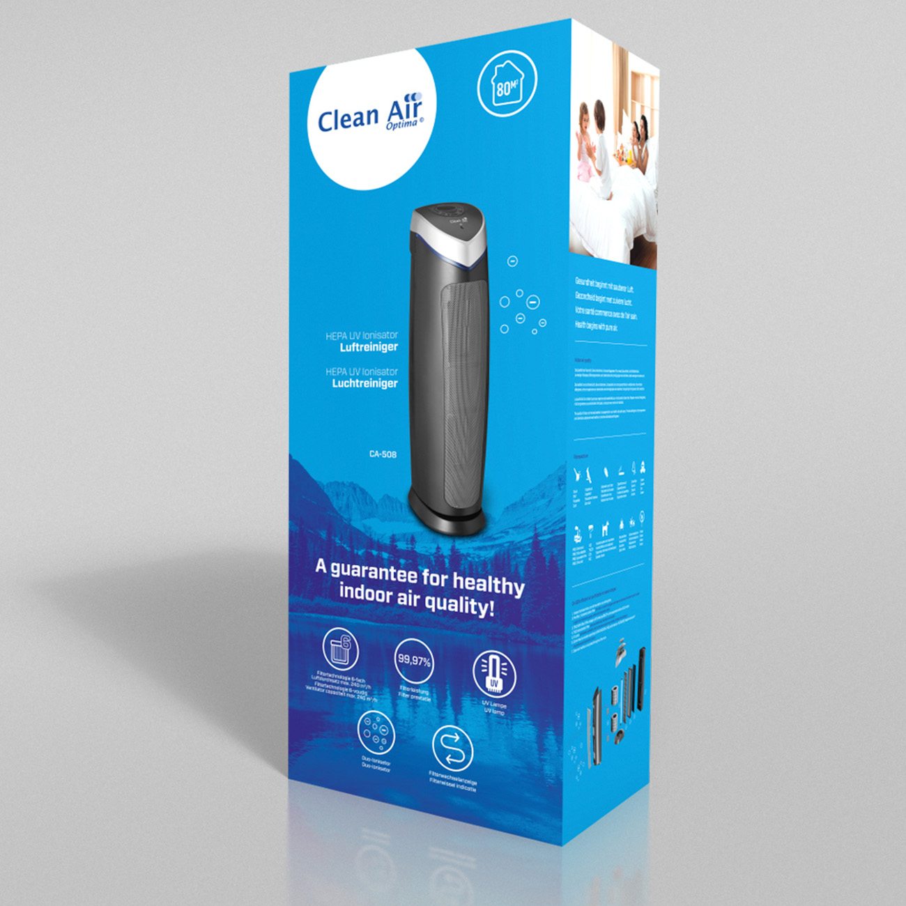 Eine hohe blaue Box mit einem HEPA-Luftreiniger, die Box zeigt Produktmerkmale und Bilder.