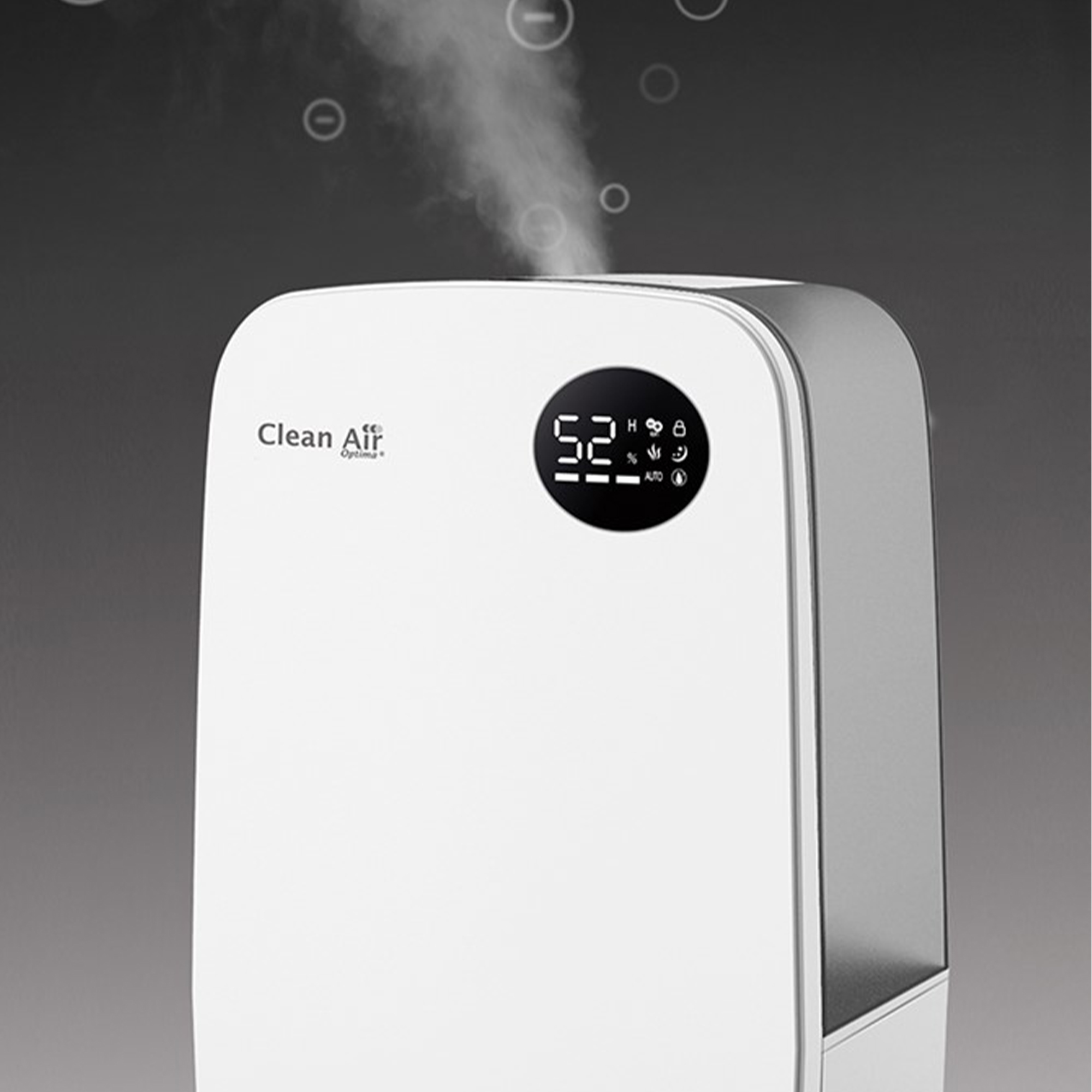 Weißer Luftreiniger mit Digitalanzeige. Dampf wird freigesetzt. Die Worte Clean Air sind sichtbar.