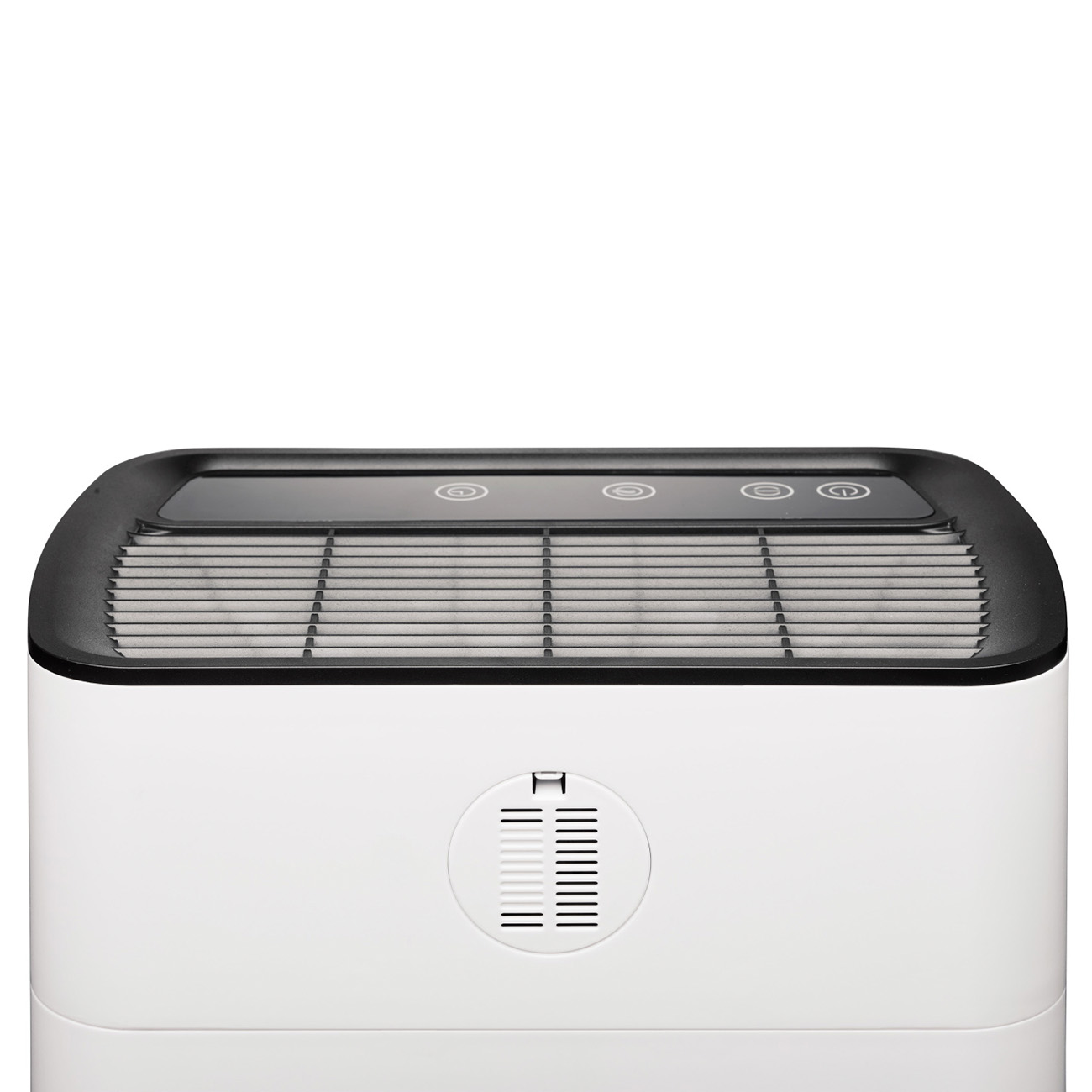 Un purificatore d'aria bianco con parte superiore nera. Ci sono tre pulsanti e un display circolare in alto.