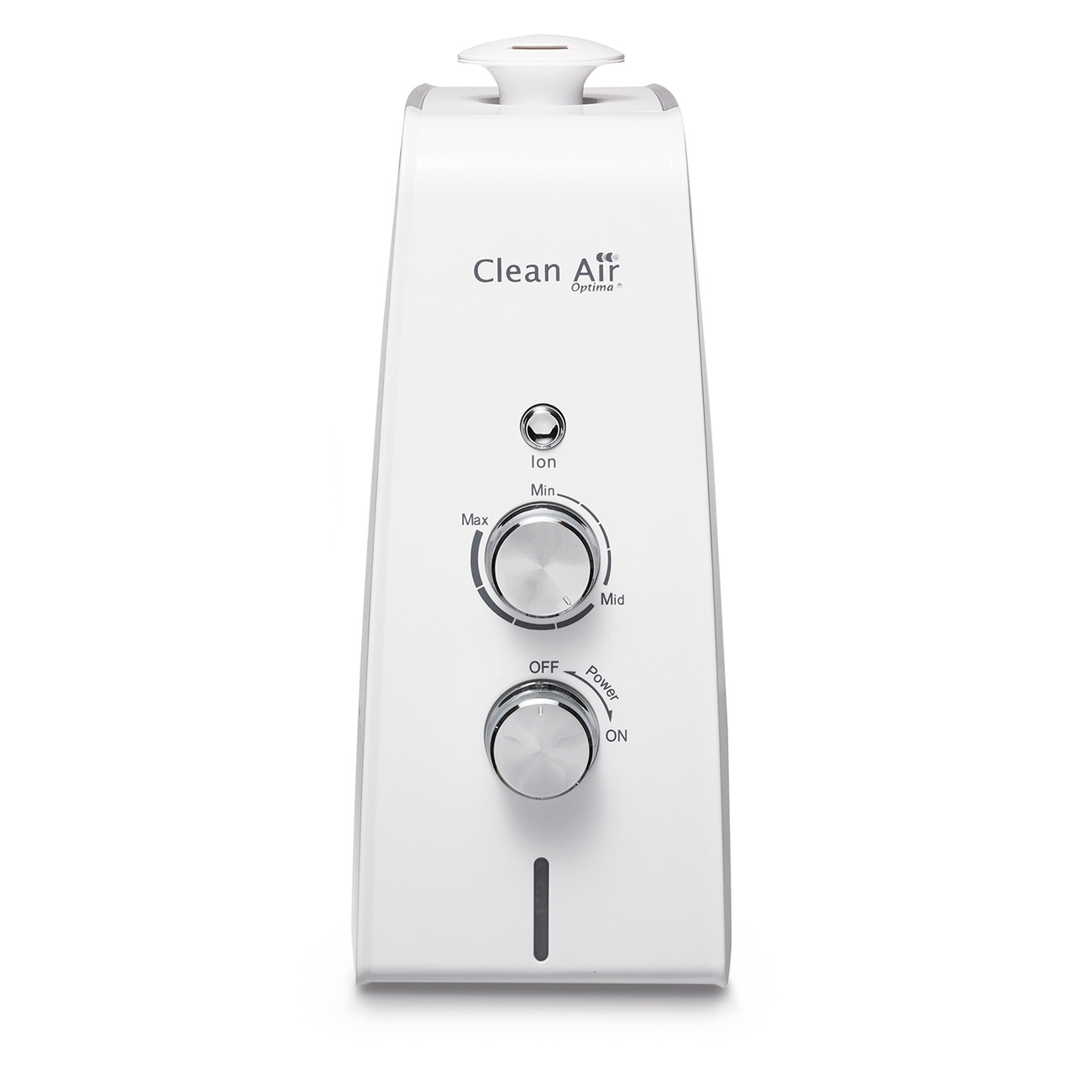 Purificatore d'aria bianco con pannello di controllo e testo, isolato su sfondo bianco.