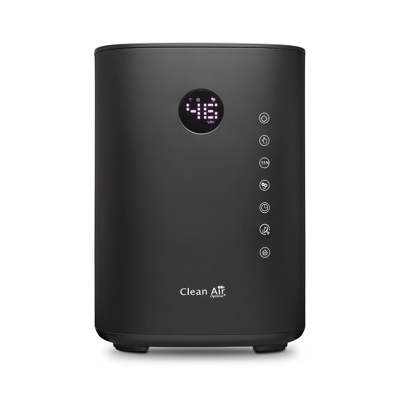 Czarny oczyszczacz powietrza z wyświetlaczem pokazującym cyfry i przyciski z przodu.
