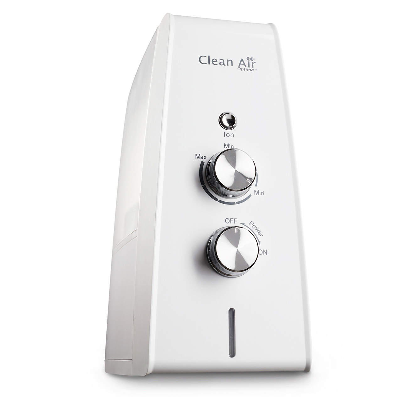 Purificatore d'aria Clean Air Optima bianco con manopole di controllo per ioni e alimentazione. Sfondo bianco.