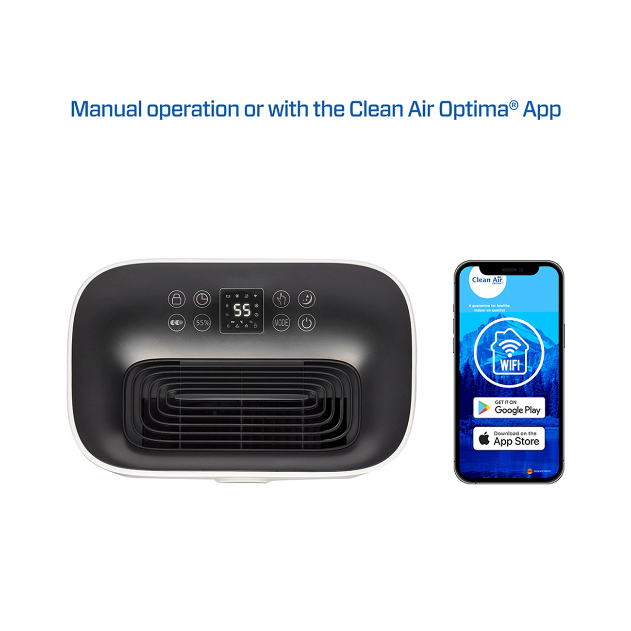Zwart apparaat met een display en knoppen, getoond naast een smartphone met de Clean Air app.