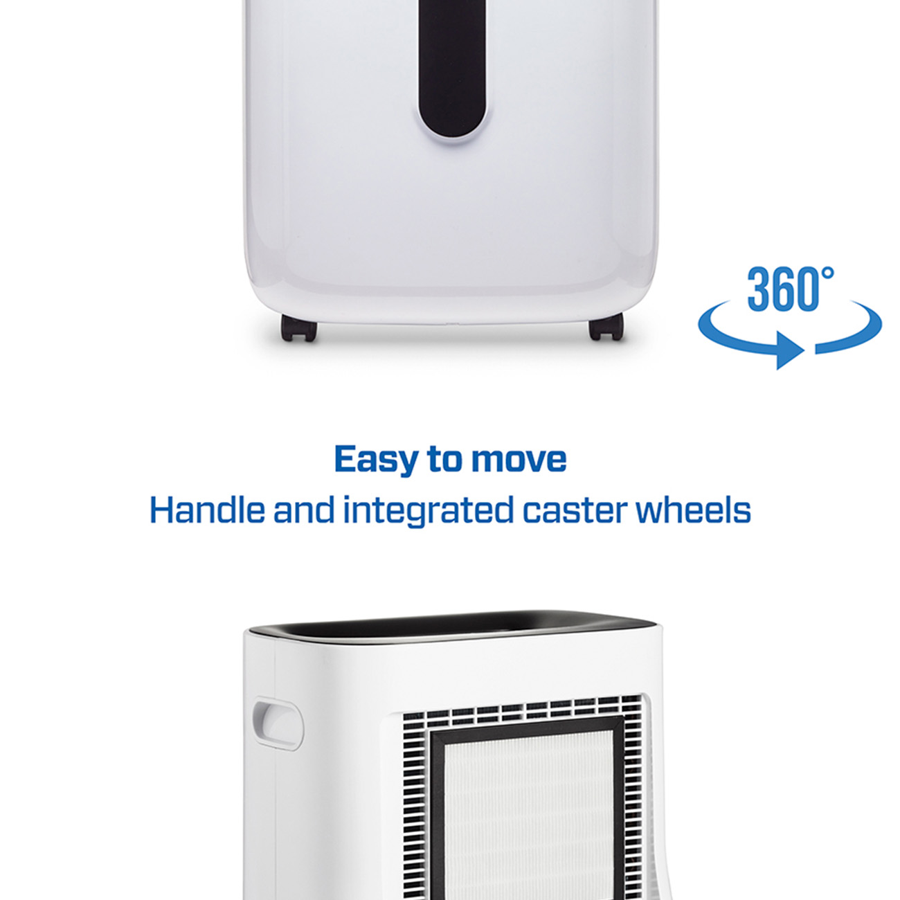 Een luchtreiniger met de tekst 'Easy to move' en 'Handle and integrated caster wheels'. De unit is wit.