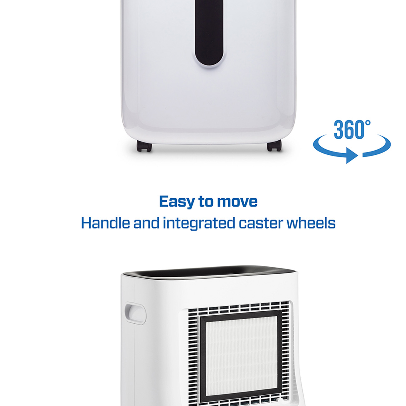 Witte luchtreiniger met wielen. Hij heeft een 360° indicator. Tekst: Gemakkelijk te verplaatsen, handvat en geïntegreerde wielen.
