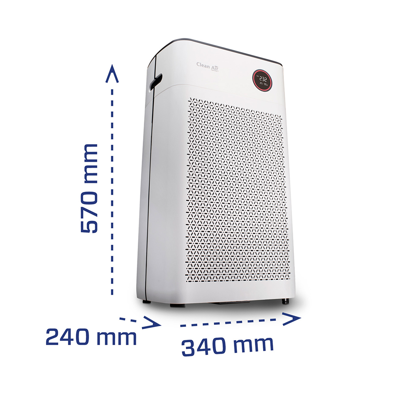 Purificatore d'aria bianco con dettagli neri. Dimensioni: 570 mm di altezza, 240 mm di larghezza e 340 mm di profondità.