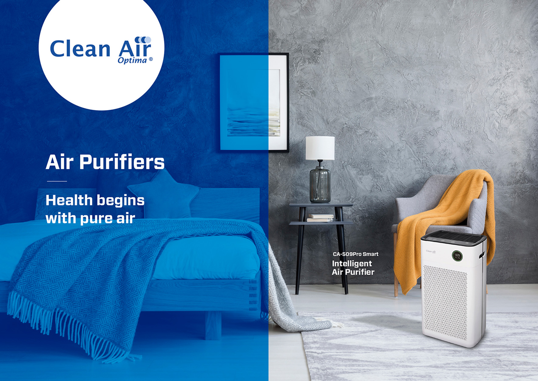 Un purificatore d'aria è posizionato accanto a una sedia. Un letto e un muro con testo sono a sinistra.