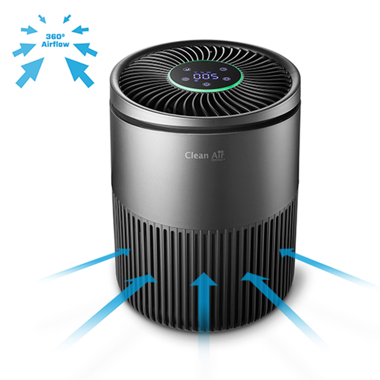 Purificatore d'aria grigio con griglia nera e frecce di flusso d'aria blu. Ha un display digitale e le parole Clean Air.