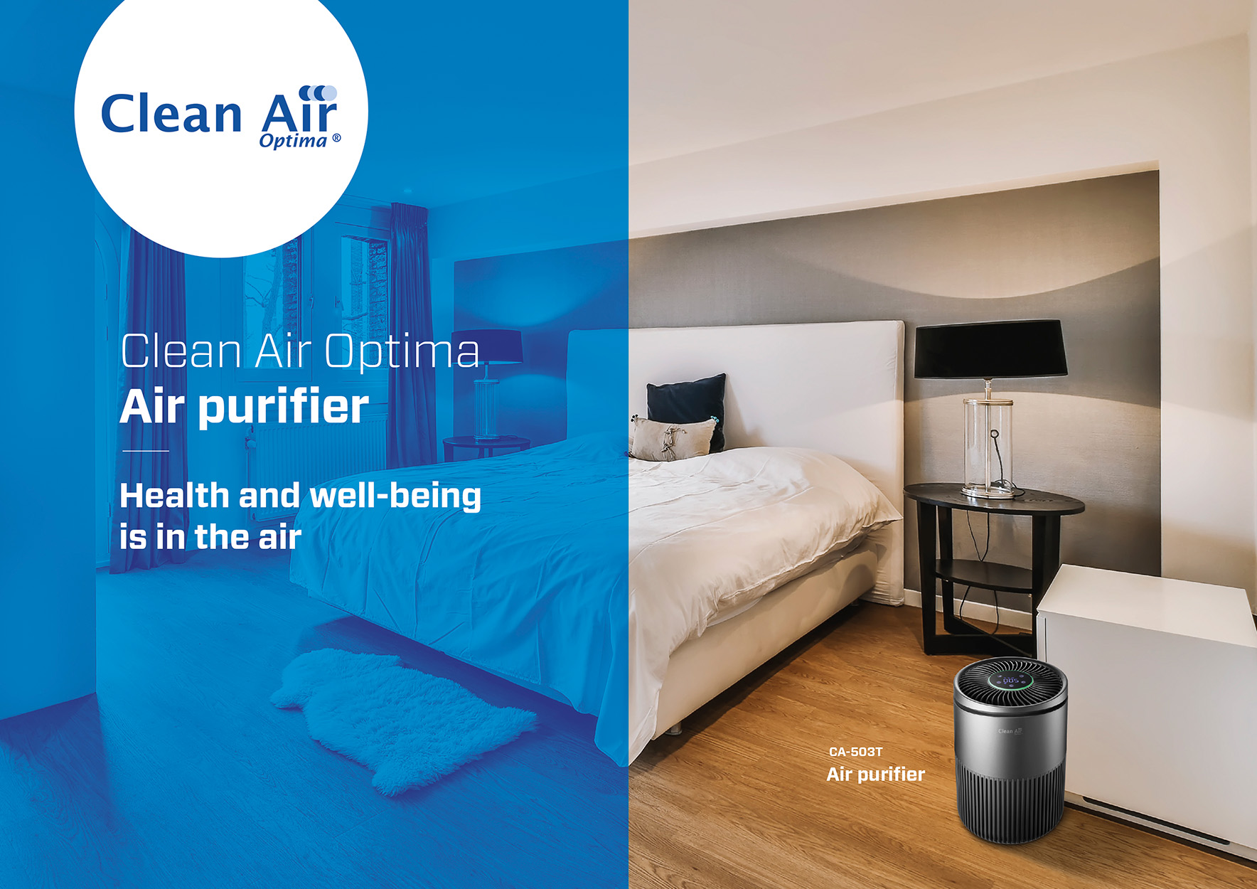 Una stanza con un letto, un purificatore d'aria e una sovrapposizione di testo sull'aria pulita e il benessere.