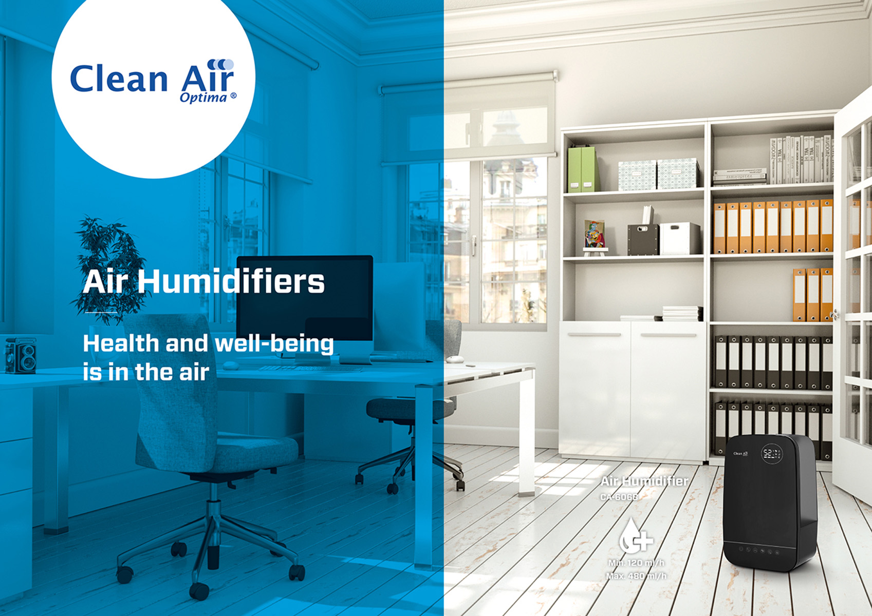 Ein sauberes Büro mit Luftbefeuchter, Schreibtisch und Computer. Text: Luftbefeuchter.