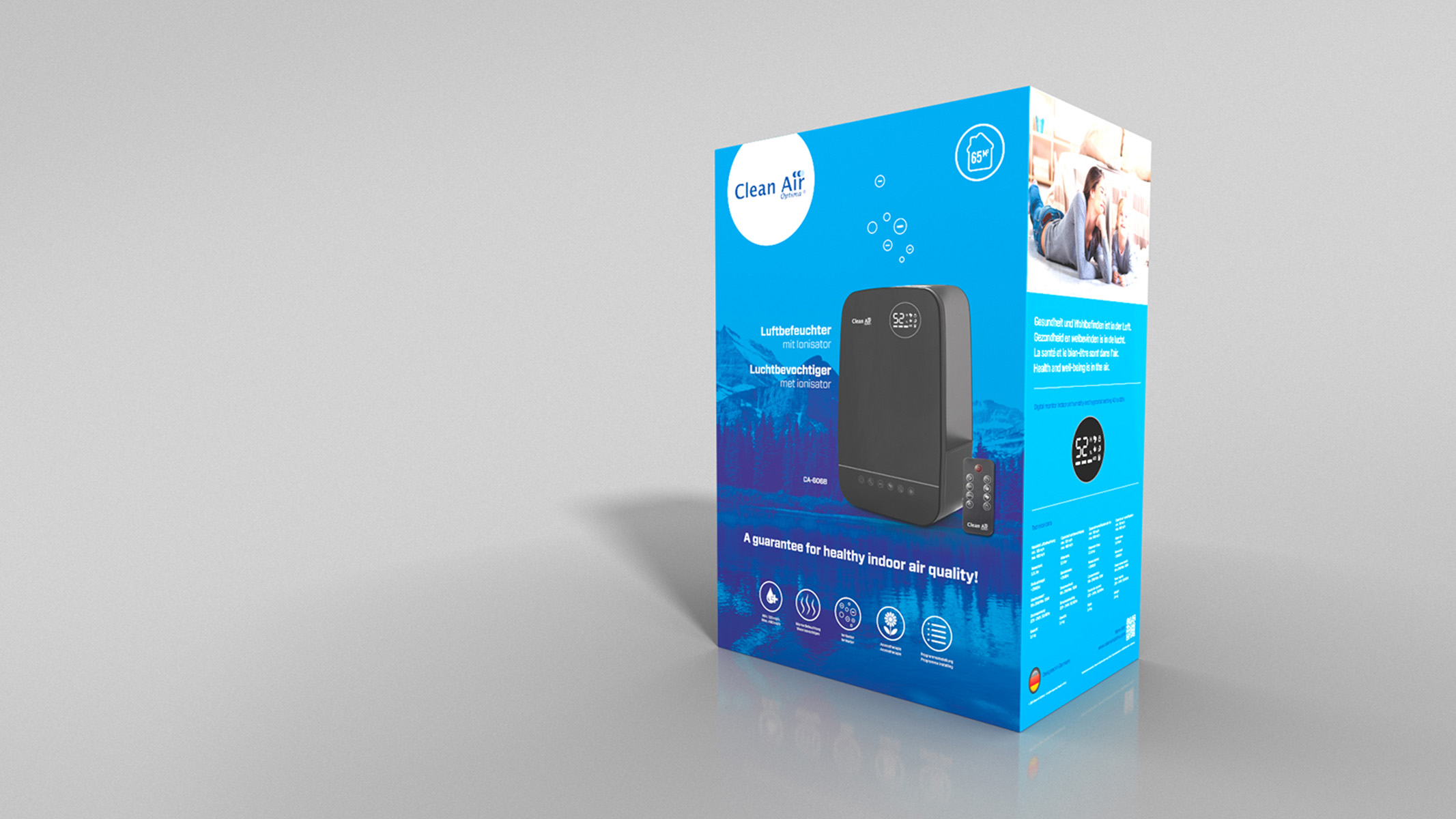 Blau-weiße Box eines Clean Air Luftbefeuchters. Die Box hat Bilder und Text.