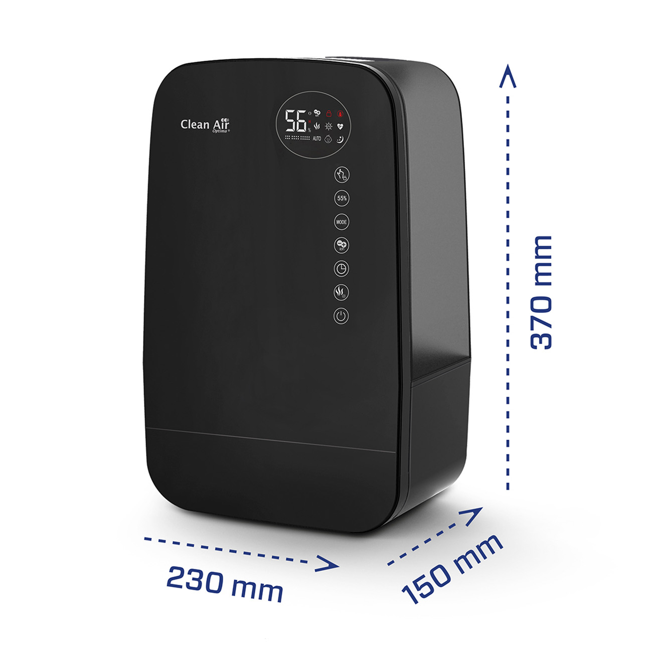 Schwarzer Clean Air Luftbefeuchter mit Digitalanzeige, Knöpfen und markierten Abmessungen.