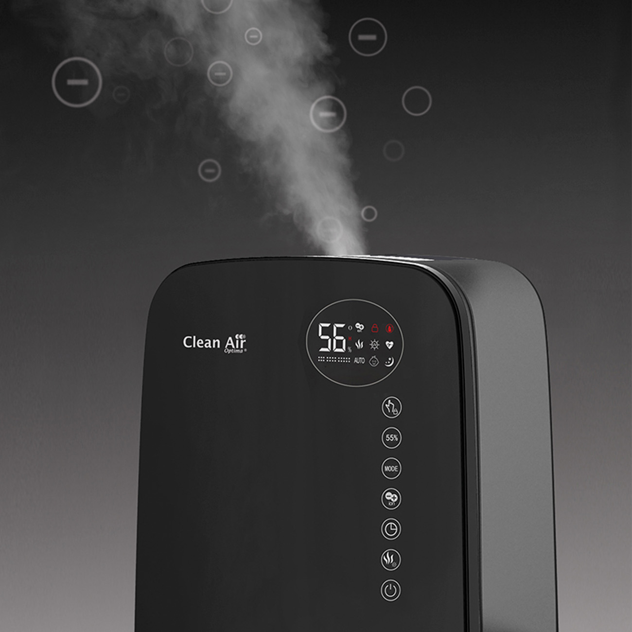 Schwarzer Luftbefeuchter mit Digitalanzeige und Dampfaustritt. Der Text 'Clean Air' ist darauf.