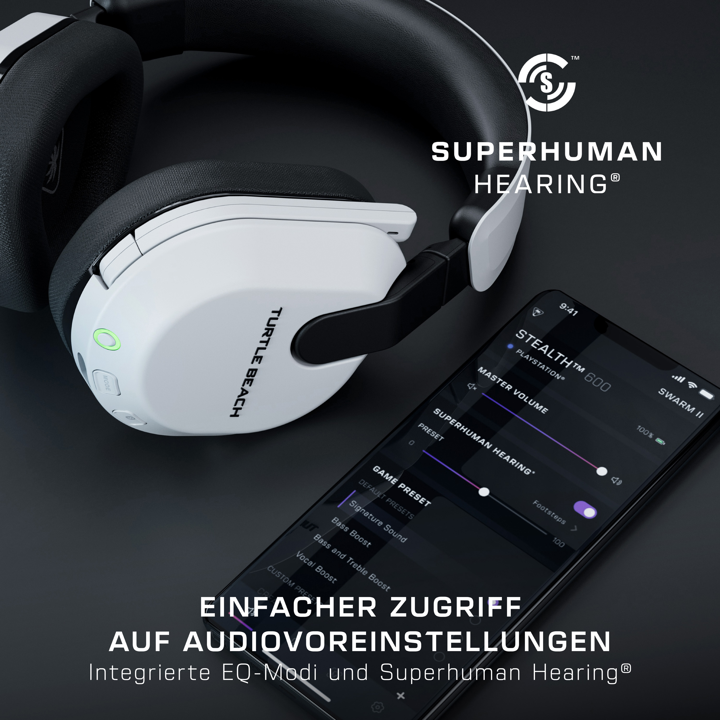 Schwarz-weiße Kopfhörer mit Telefondisplay, das Einstellungen zeigt. Text: 'SUPERHUMAN HEARING®'. Schwarzer Hintergrund.