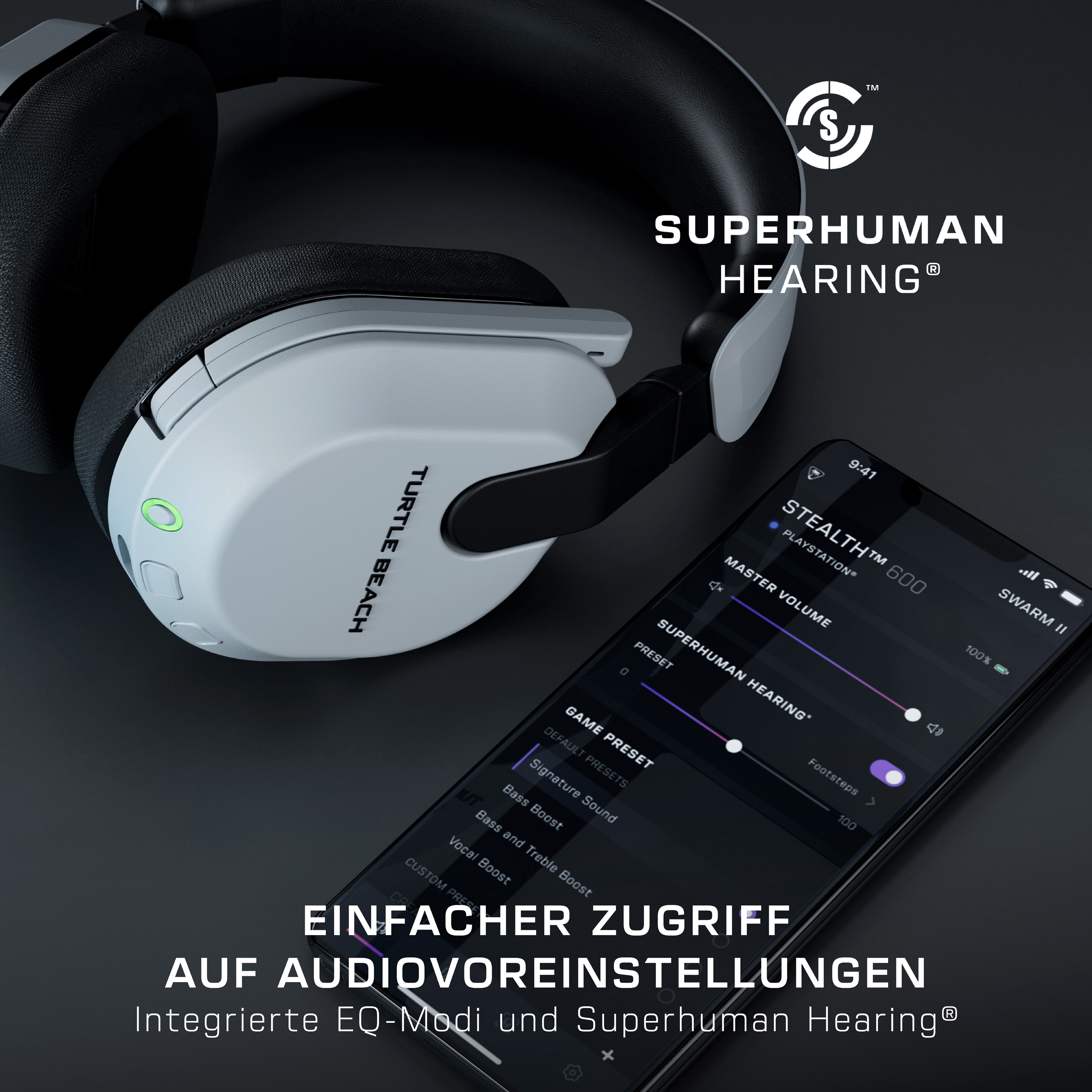 Gaming-Headset auf einem Tisch neben einem Telefon, das die App-Oberfläche für Audio-Presets anzeigt.