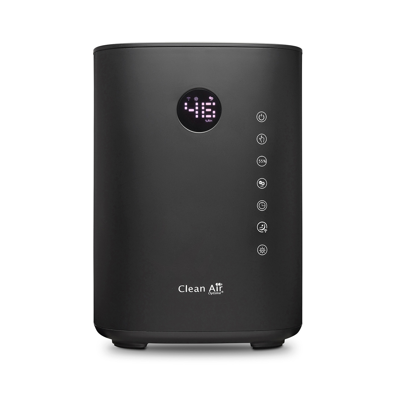 Black air purifier with a digital display showing numbers and buttons.