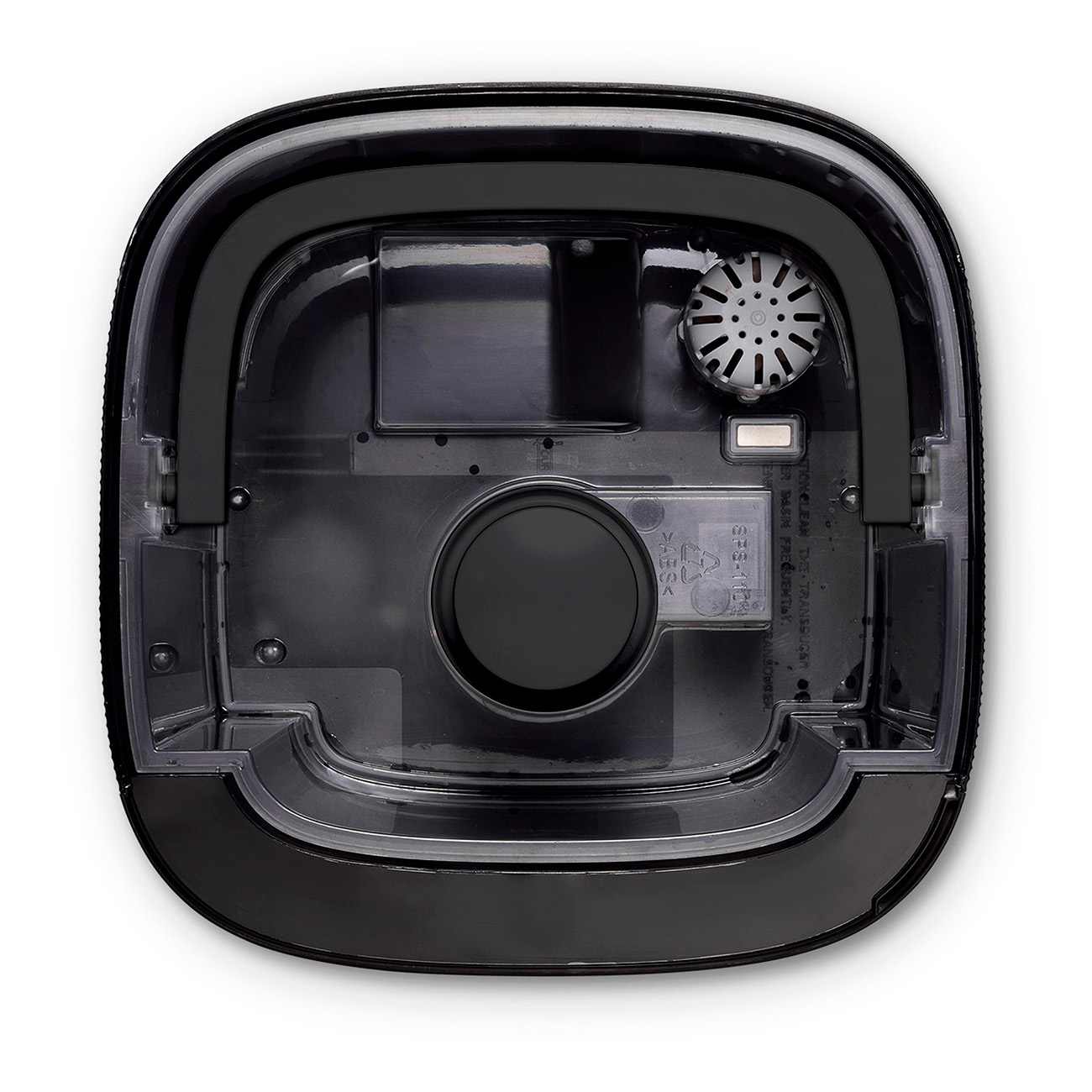 Black container with a circular element and a fan-like structure inside. Clear plastic casing.