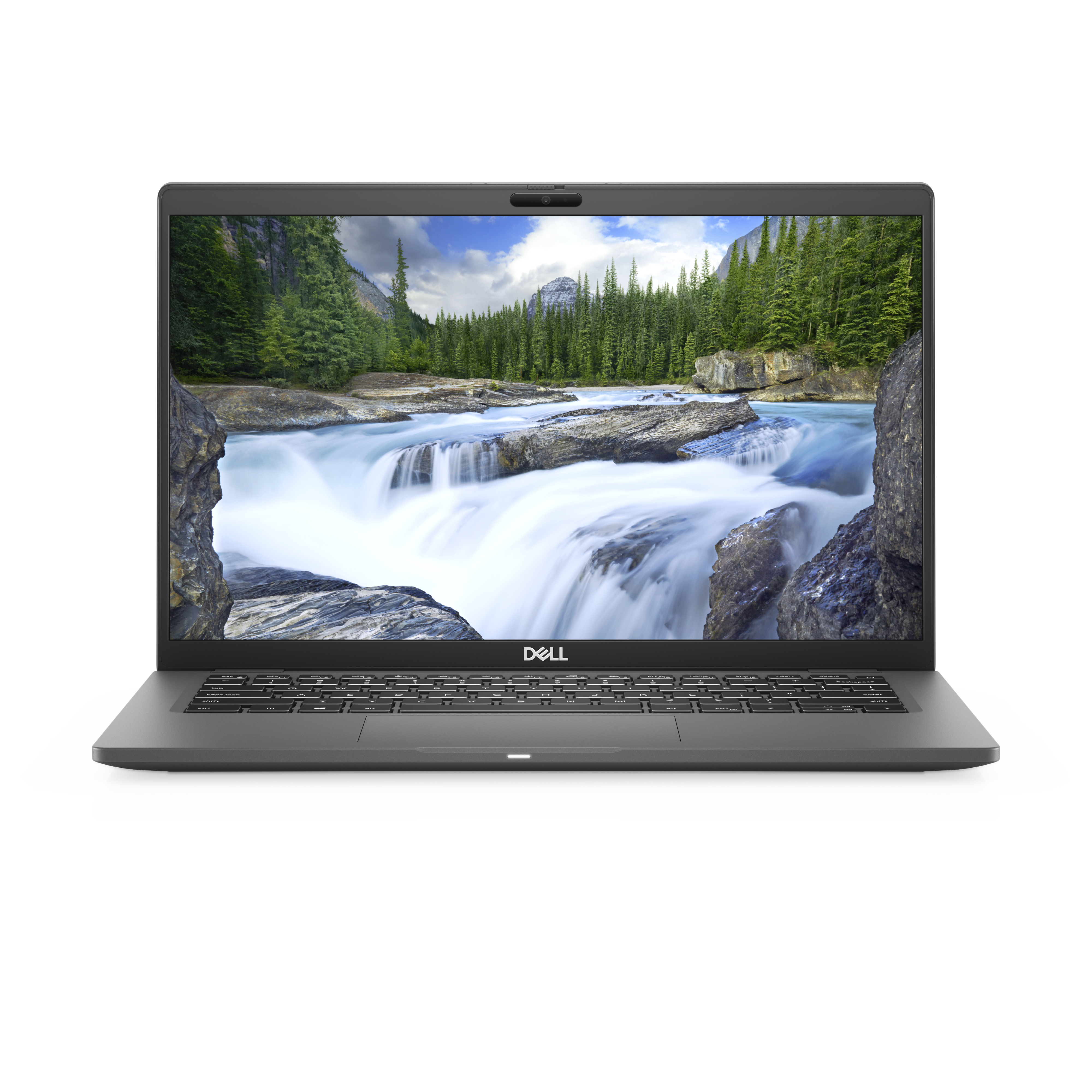 A black laptop with the screen displaying a waterfall scene. The laptop is on a white background.