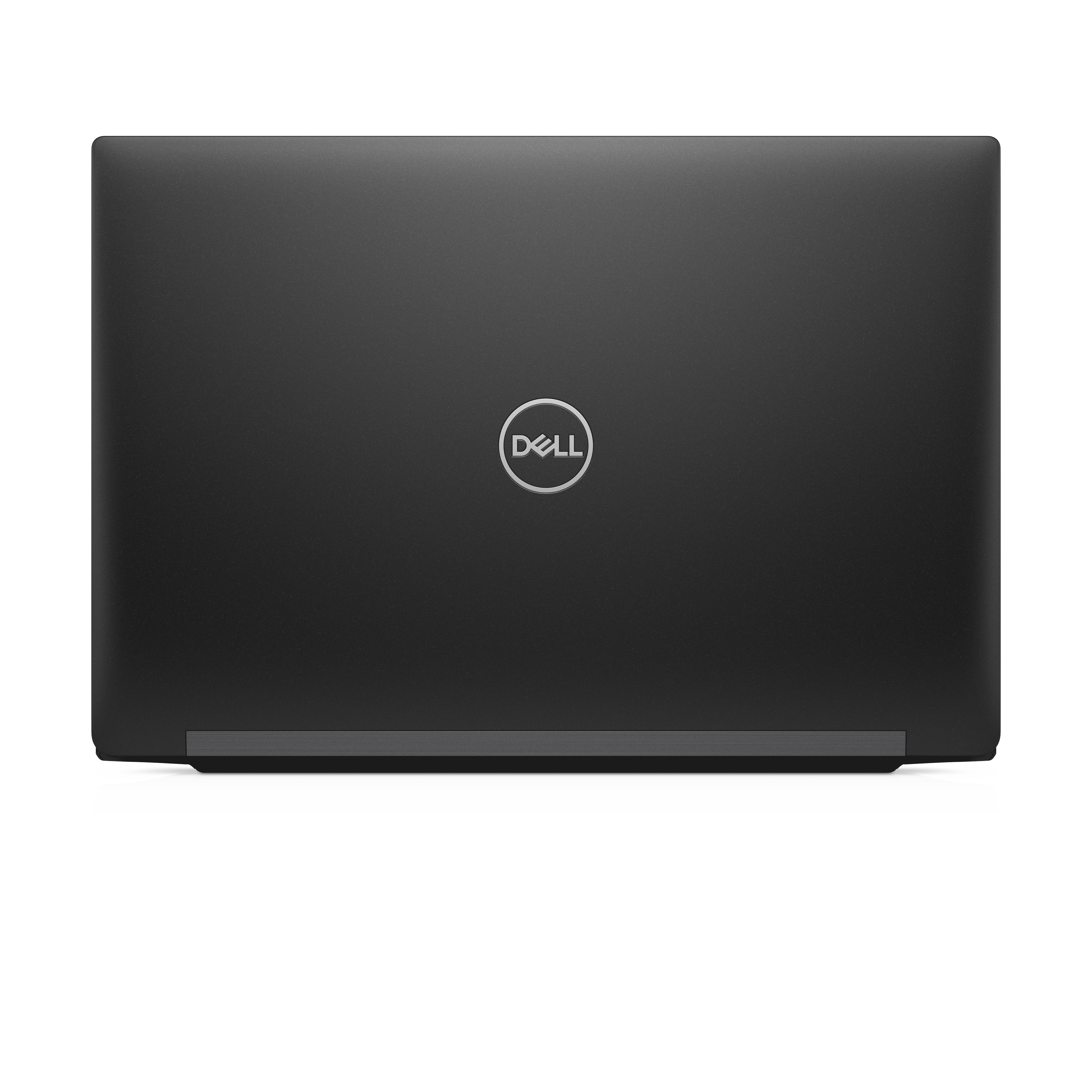 Rückseite eines schwarzen Laptops mit dem Dell-Logo in der Mitte.
