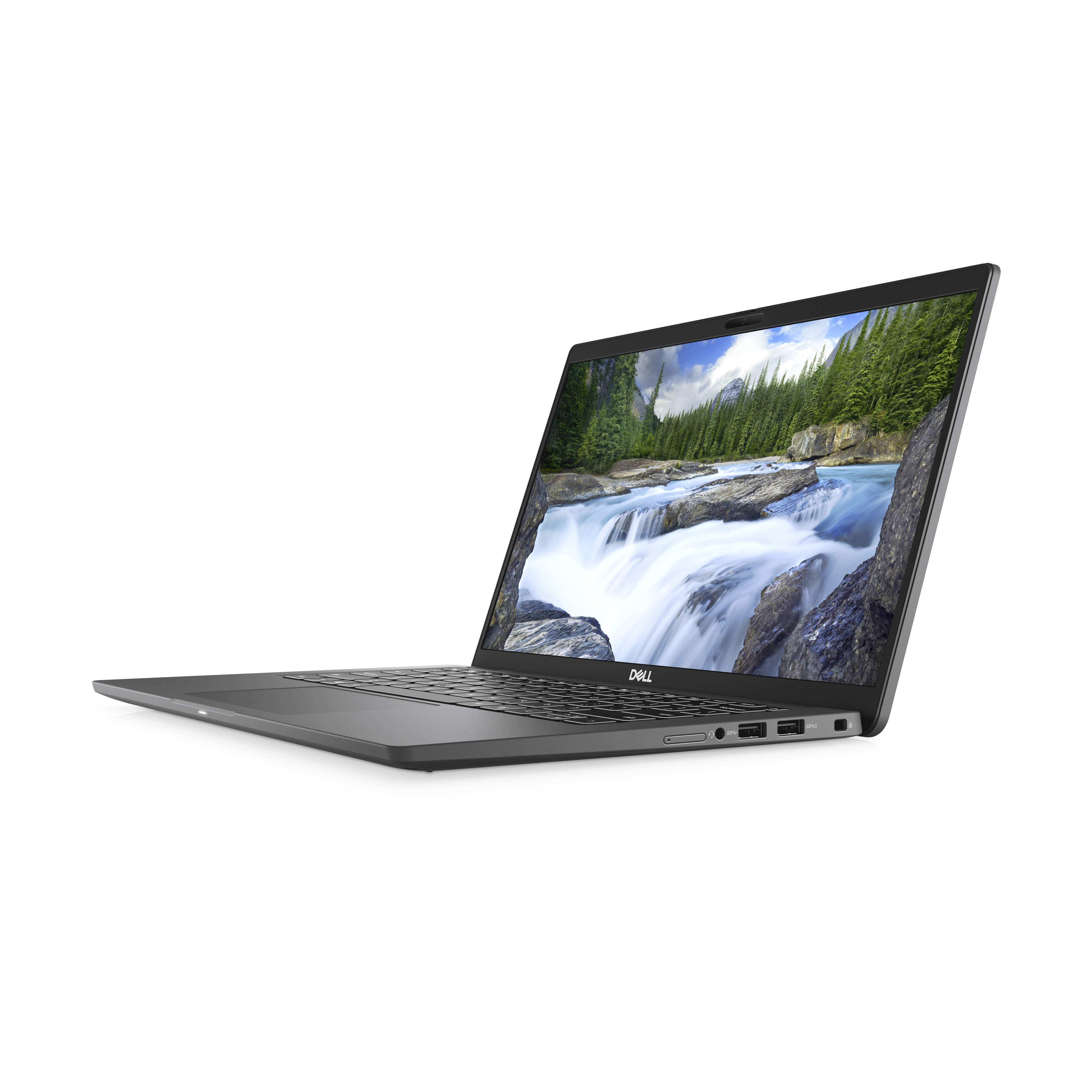 Dell laptop open on a white background, showing a waterfall scene.