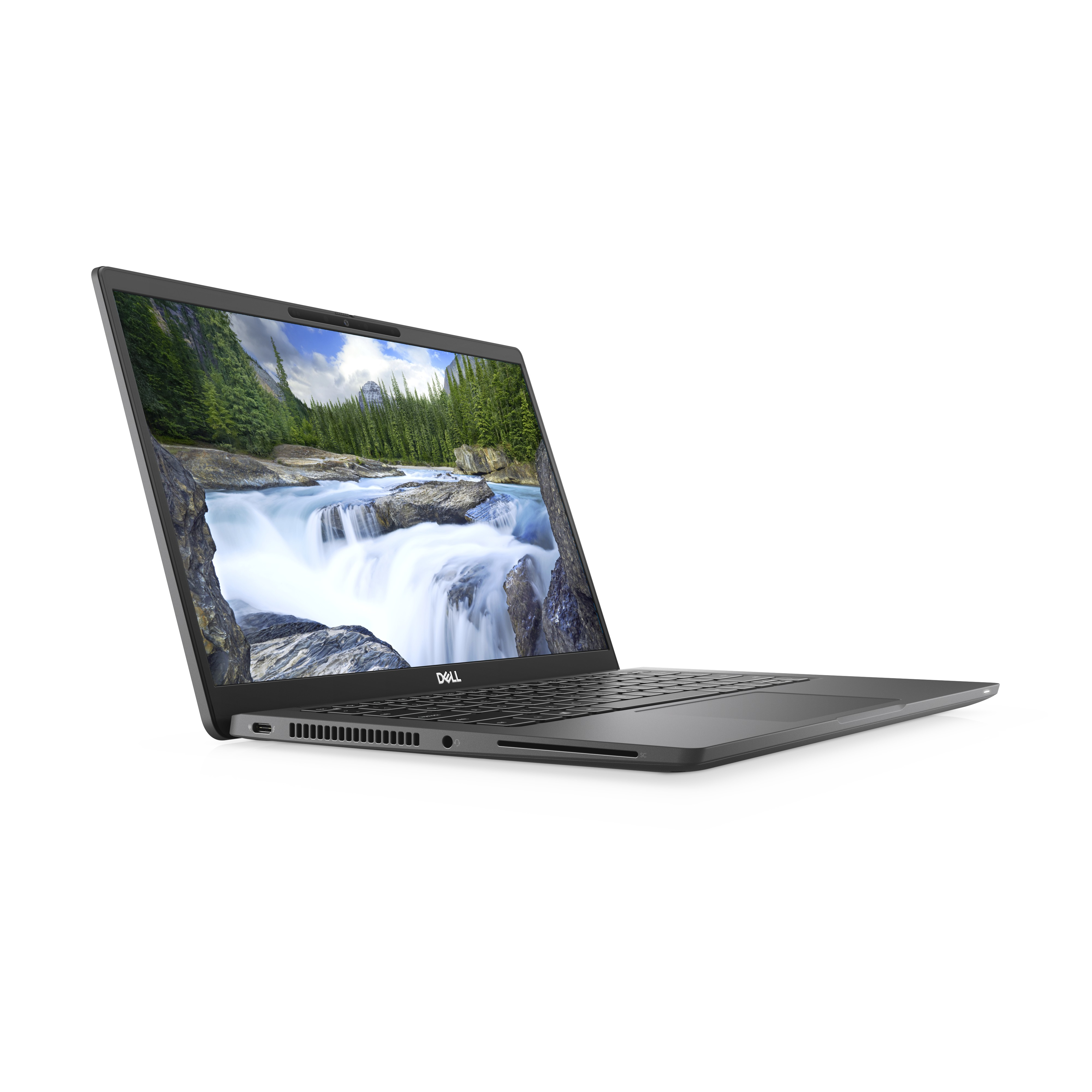 Laptop-Computer offen auf weißem Hintergrund. Er zeigt eine Wasserfallszene.