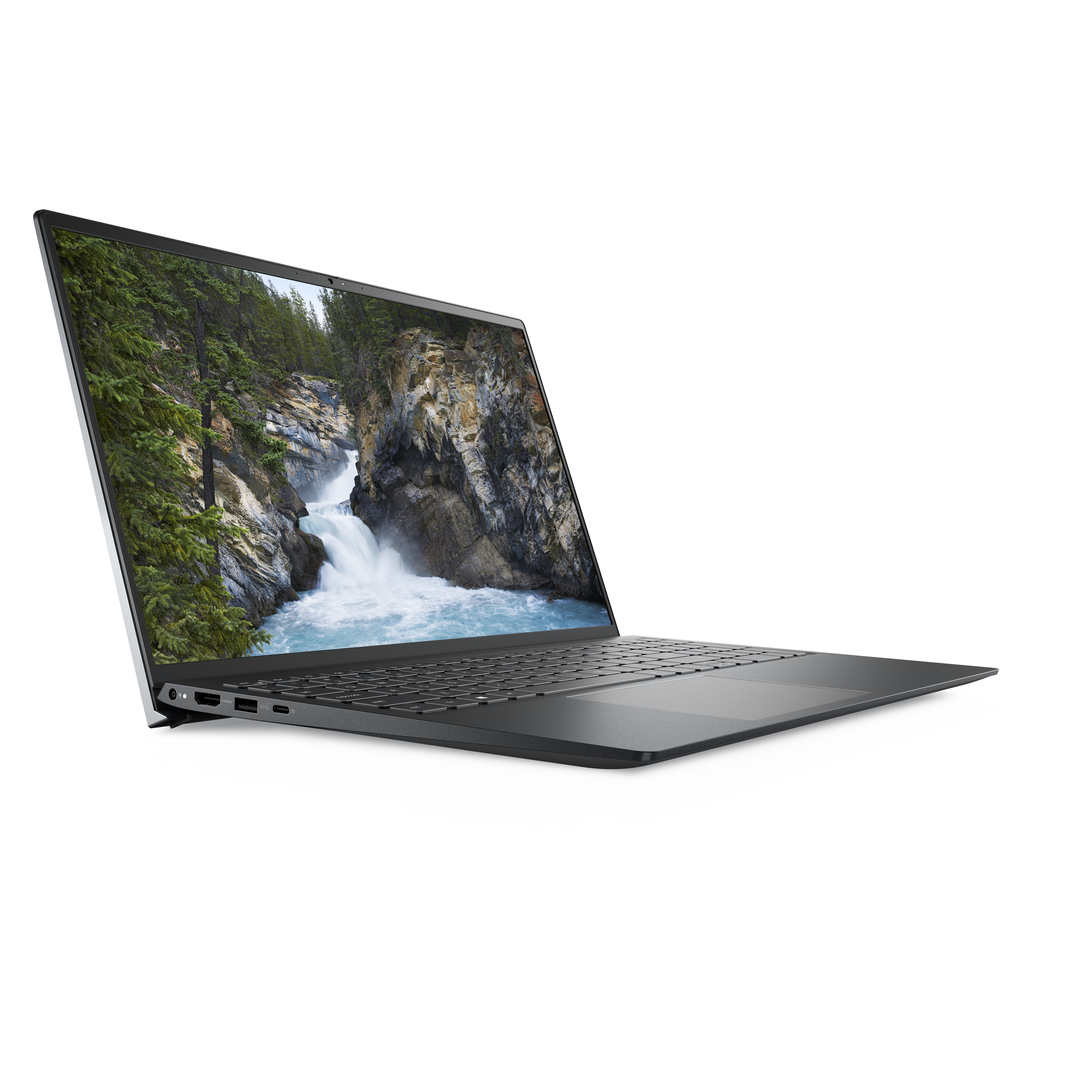 Un laptop nero su sfondo bianco, aperto, con schermo che mostra una scena di cascata.
