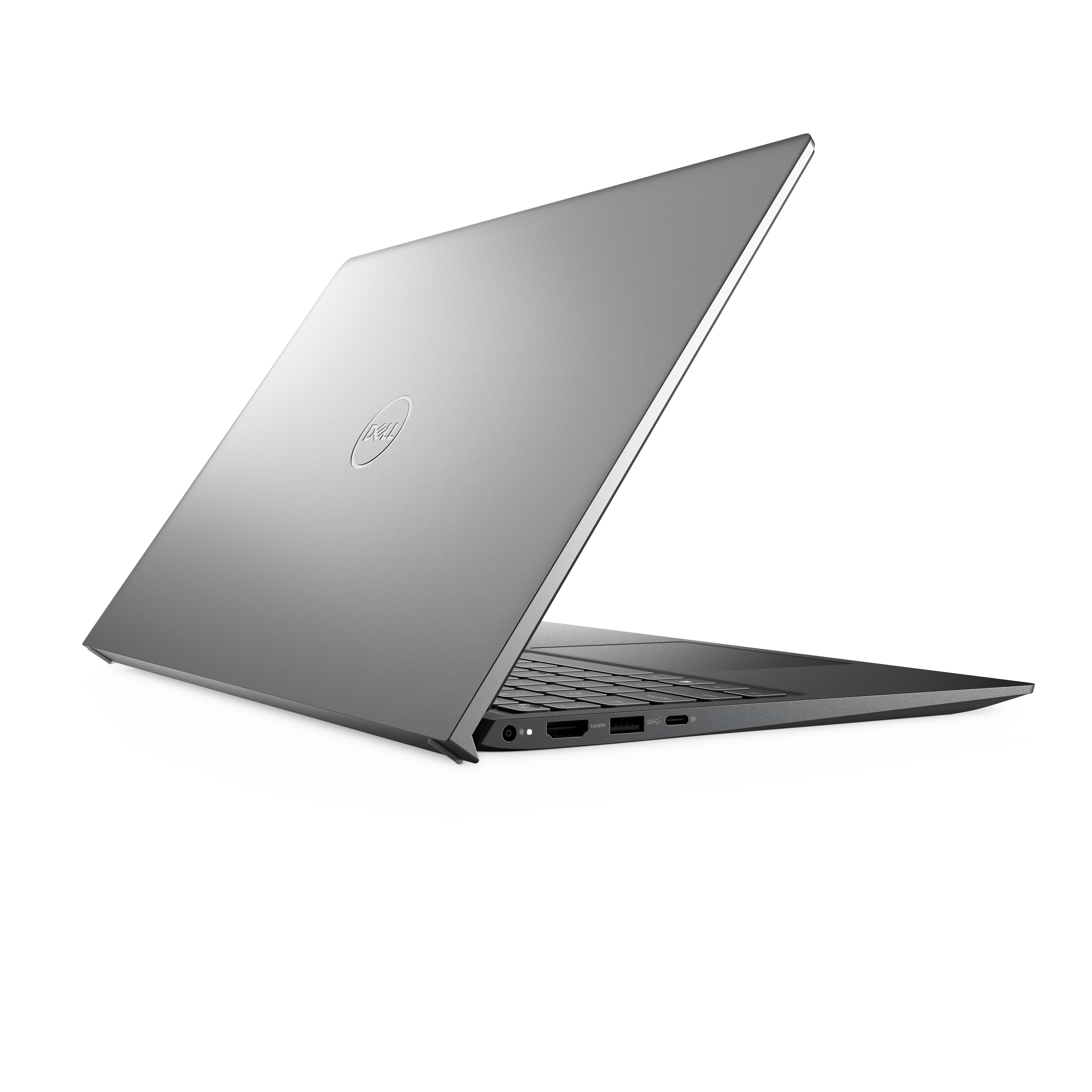 Vista posteriore di un laptop argentato su sfondo bianco. Lo schermo è aperto.