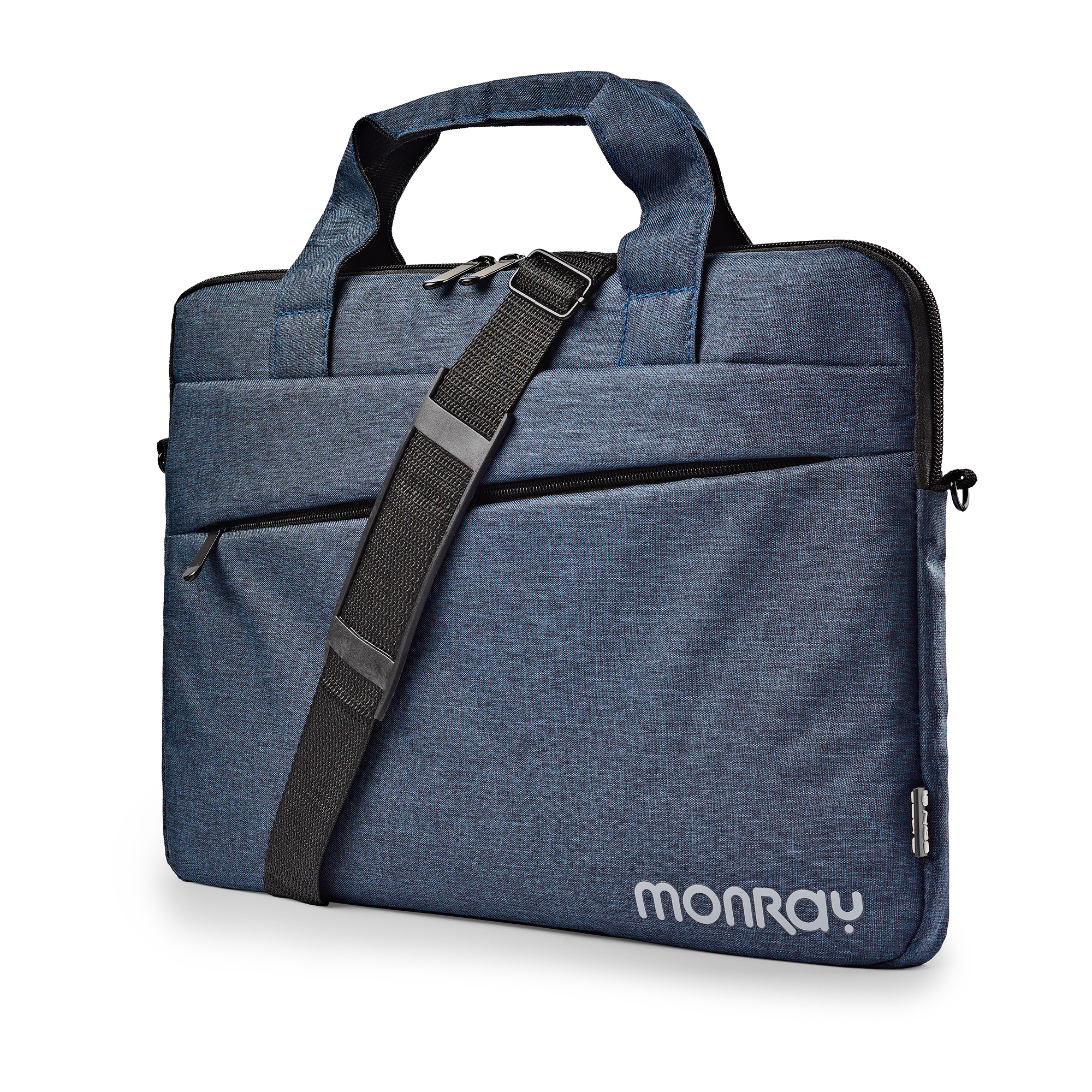 Borsa blu per laptop con manico e tracolla, cerniera, nome del marchio visibile.