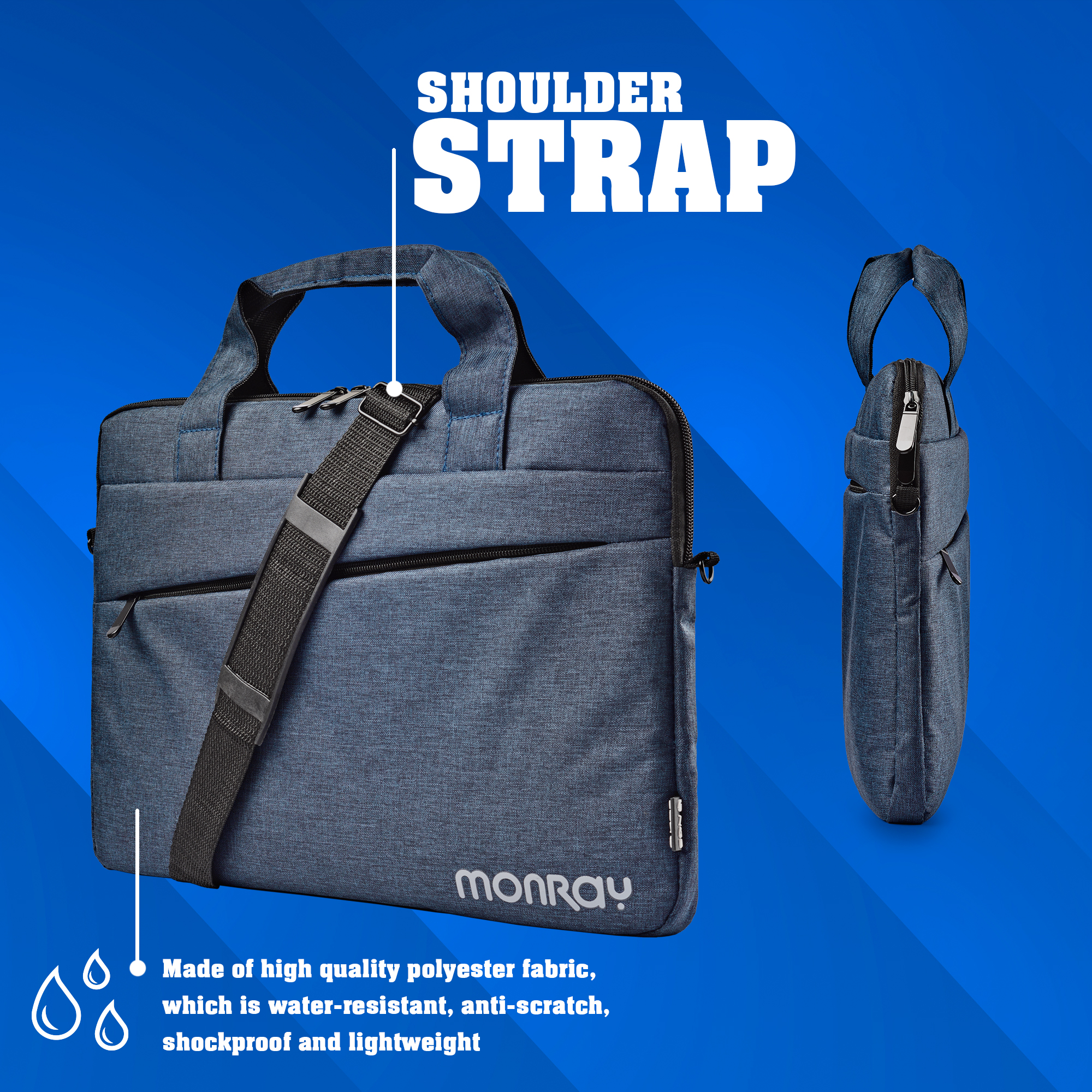 Borsa blu per laptop con tracolla e testo sul tessuto in poliestere idrorepellente.