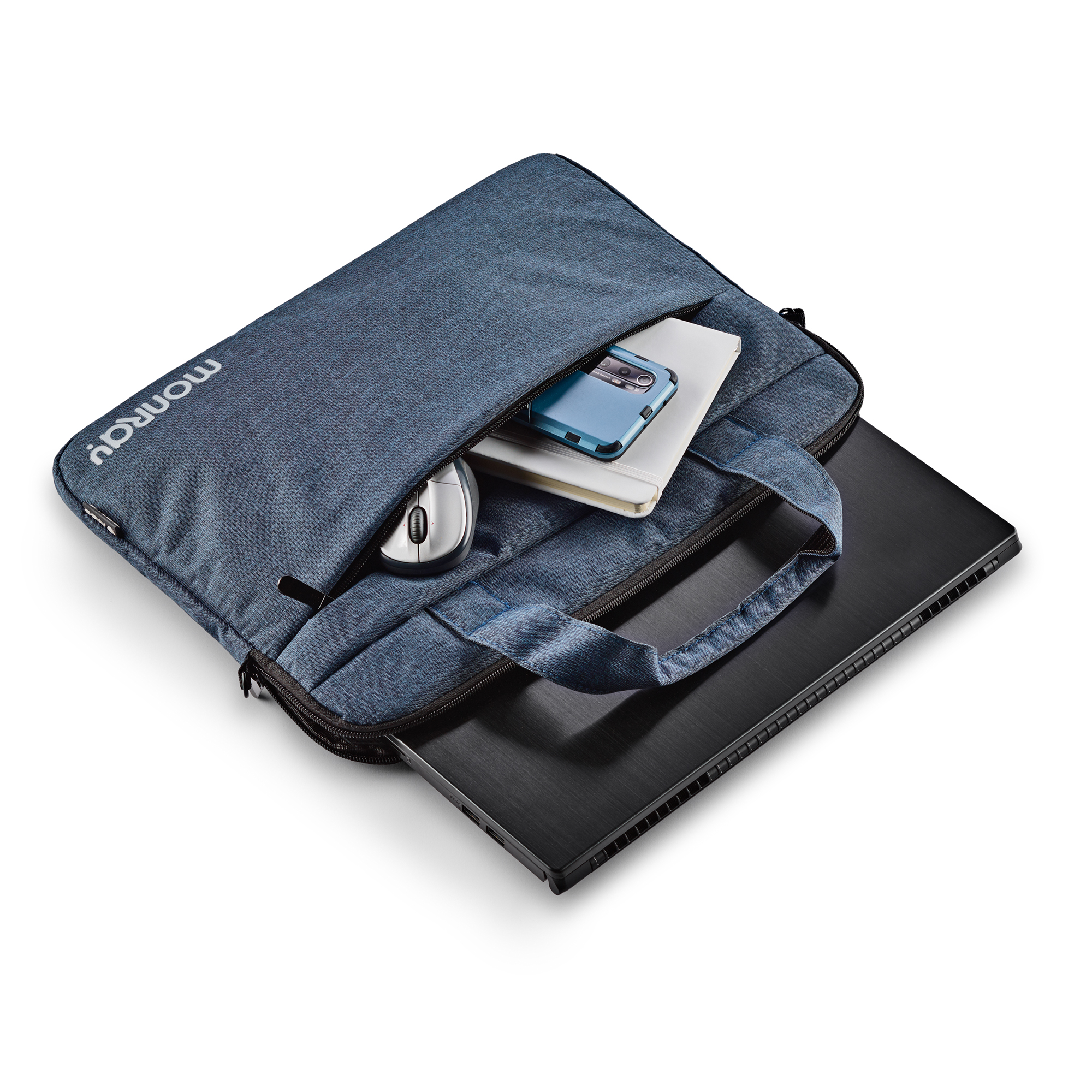 Un laptop in una custodia con un mouse e un blocco note.