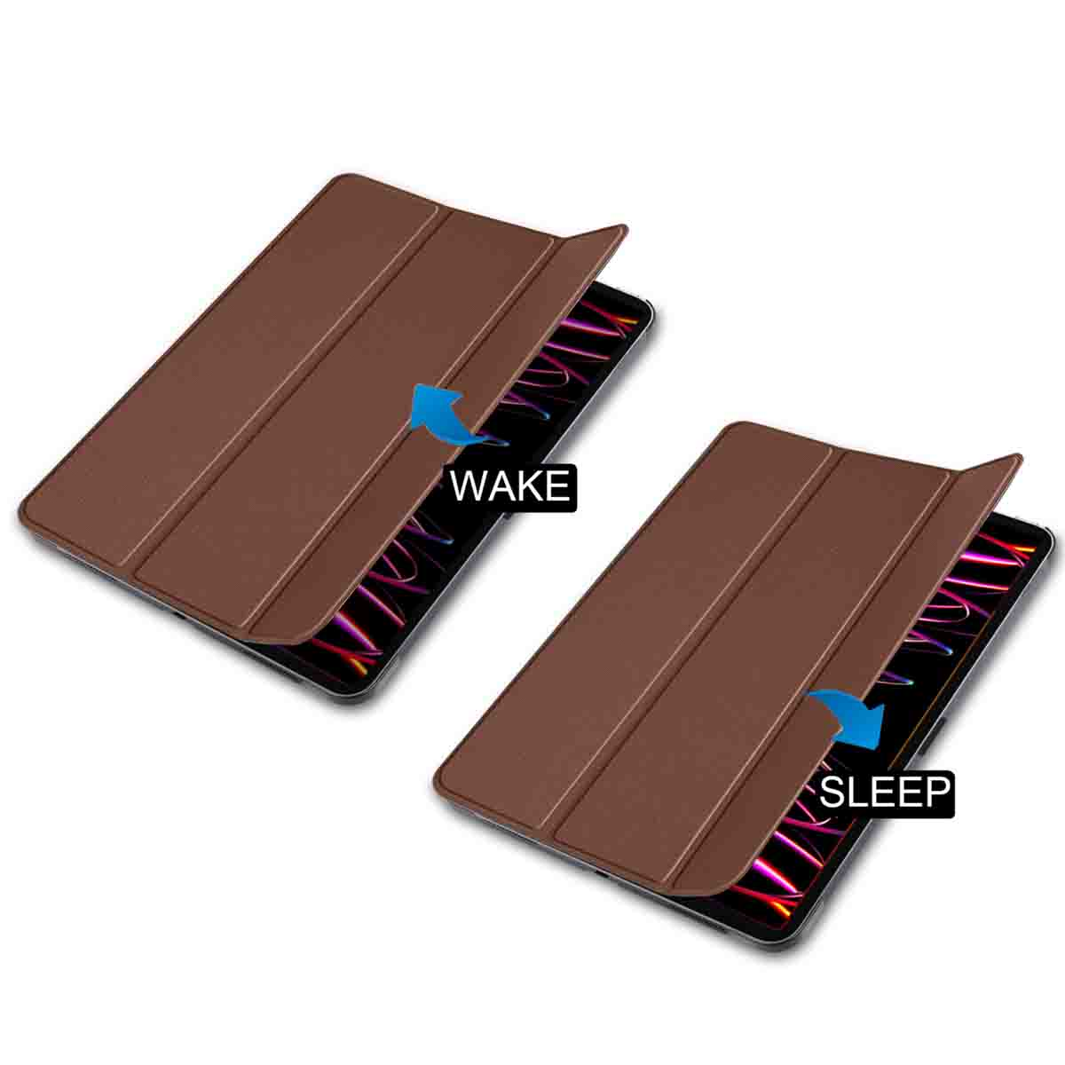 Two brown tablet covers, one labeled 'WAKE' and the other 'SLEEP'. Tablets are inside. Blue arrows.