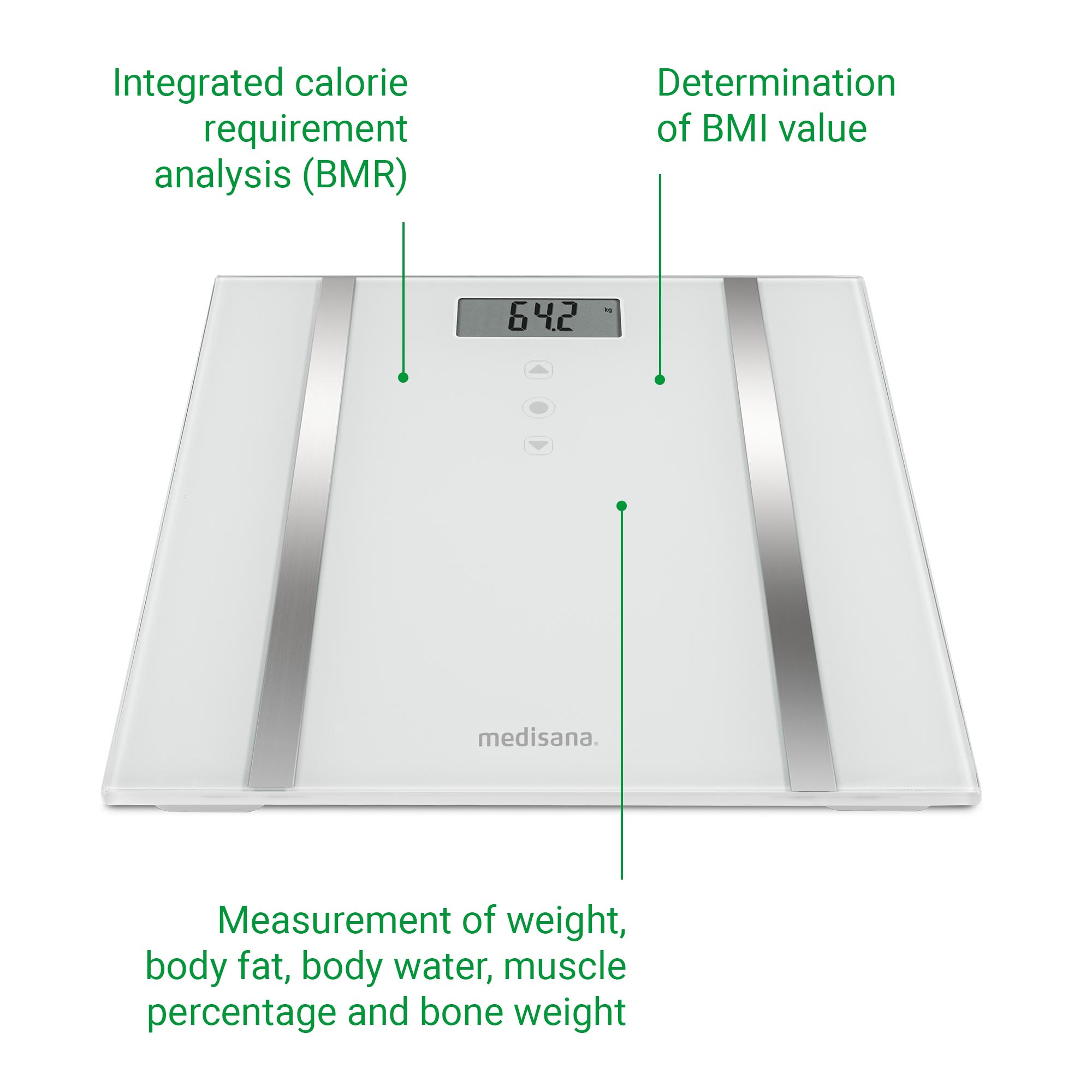 Digitale weegschaal met functielabels: BMR, BMI, gewicht, lichaamsvet, water, spieren, bot.