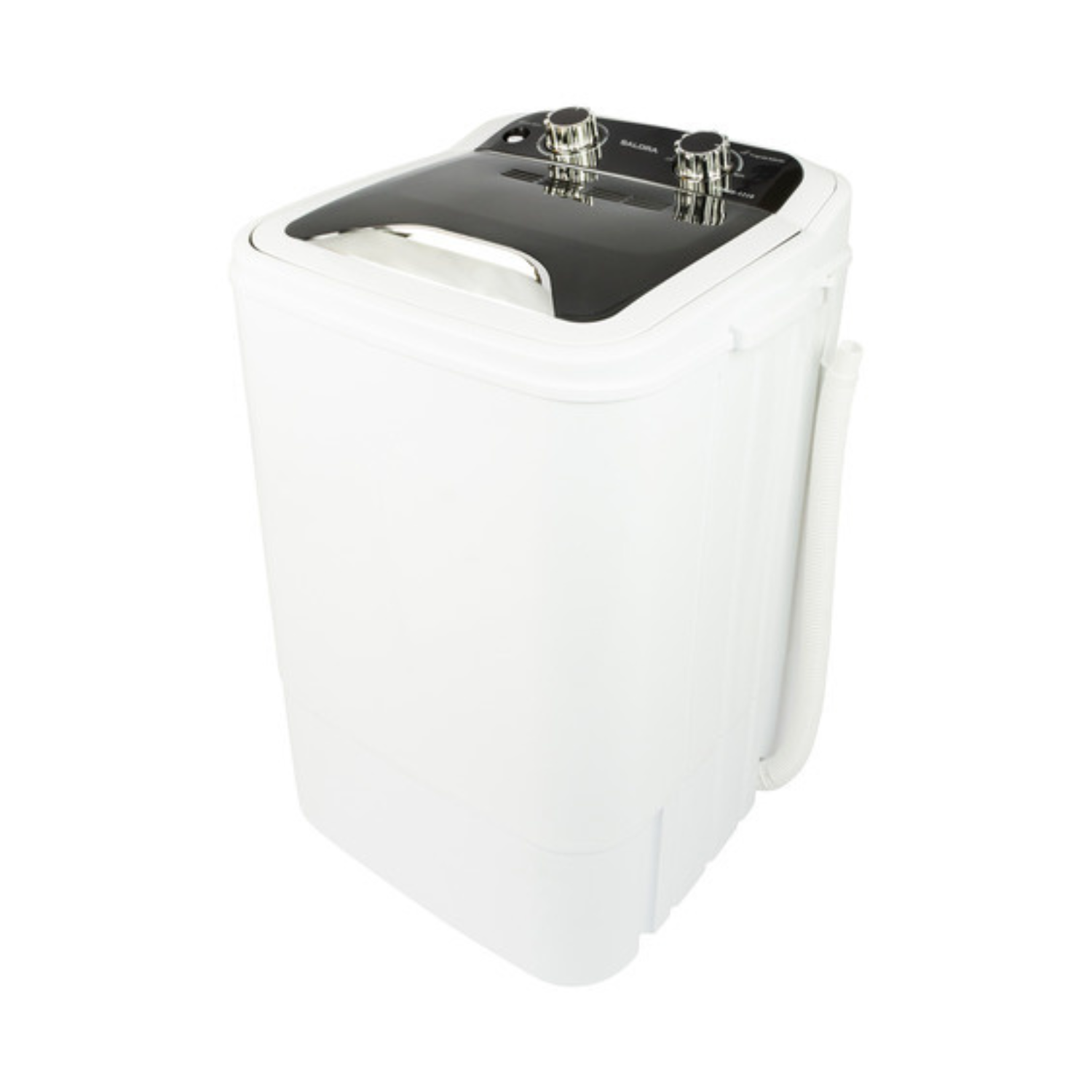 Witte mini-wasmachine met een zwart bovenpaneel en een witte slang.