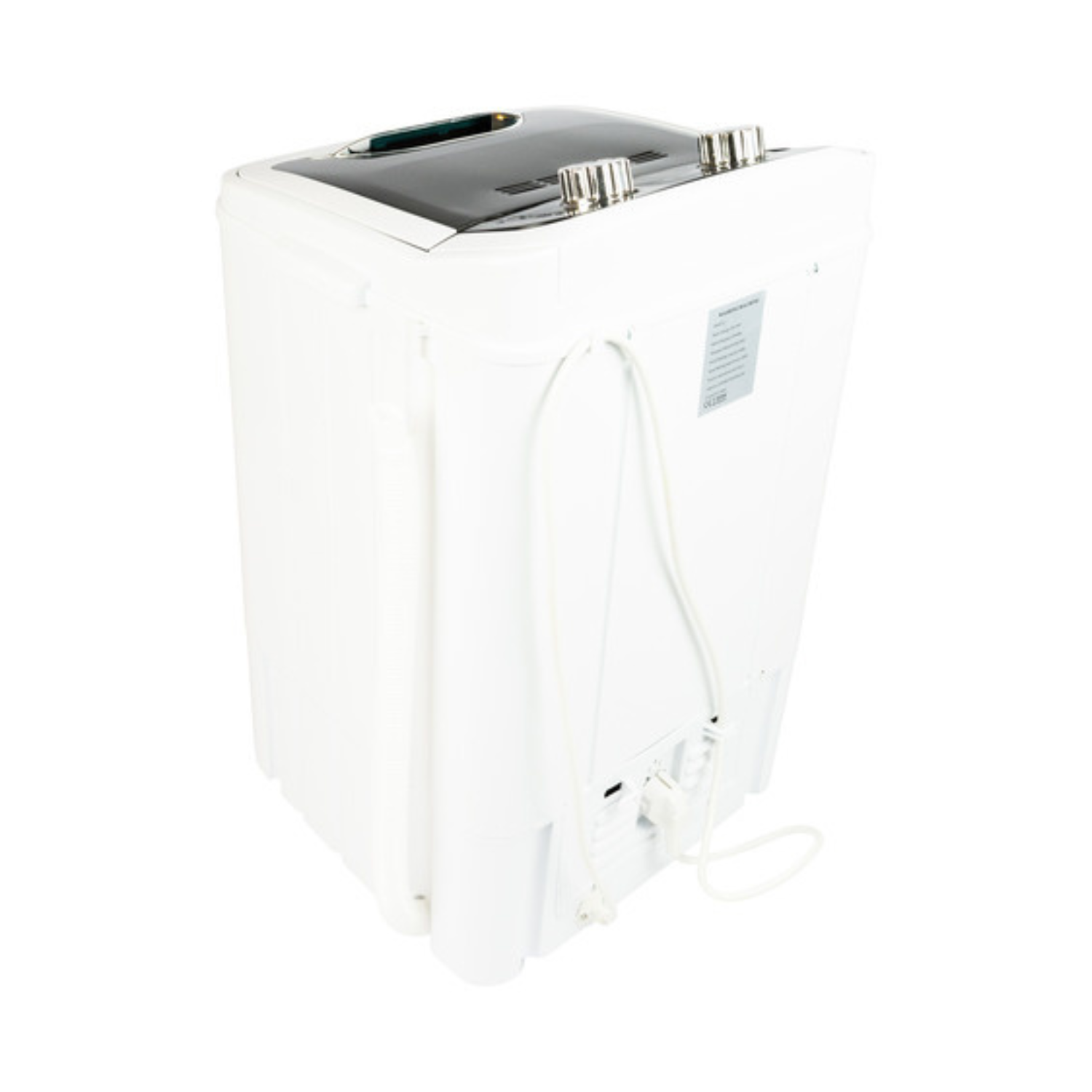 Witte wasmachine vanuit een hoge hoek met een zwart bovenkant en een wit snoer.