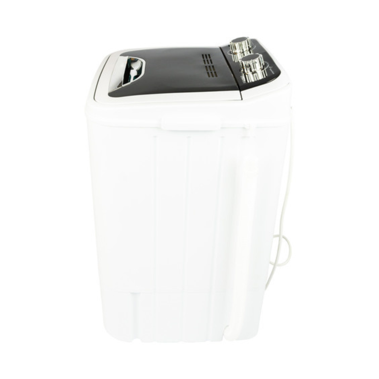 Witte en zwarte wasmachine. Hij heeft twee zilveren knoppen bovenop. De zijaanzicht wordt getoond.