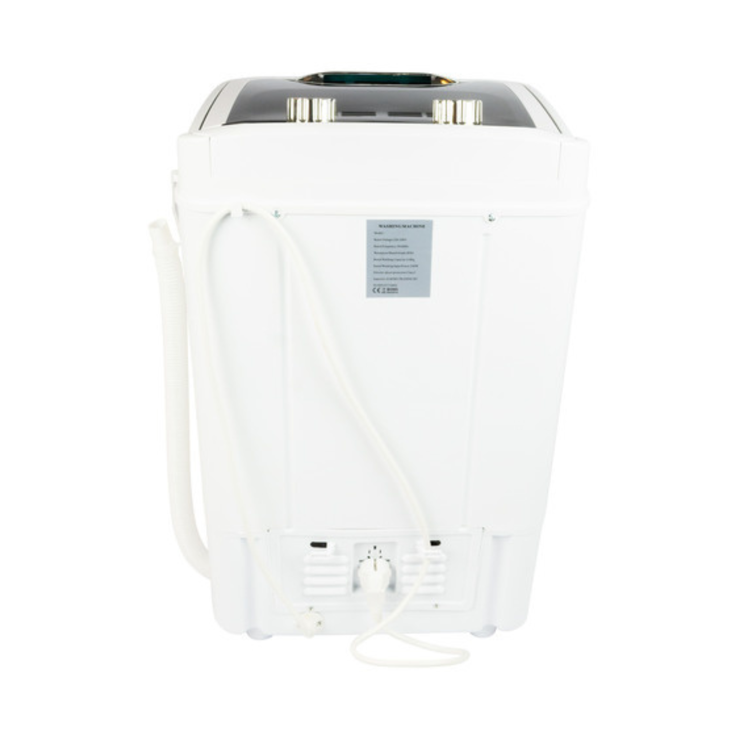 Witte wasmachine van achteren. Slangen, netsnoer en bedieningspaneel zichtbaar.