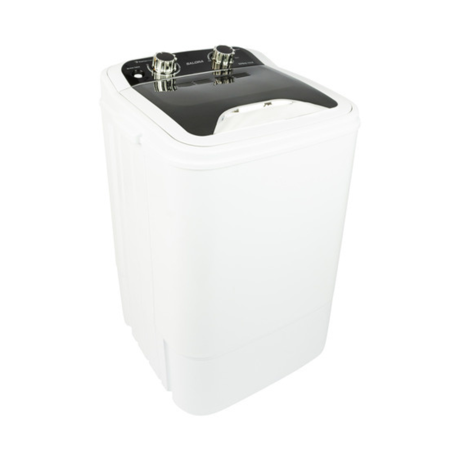 Witte wasmachine met zwart bovenblad en bedieningsknoppen. Geïsoleerd op witte achtergrond.
