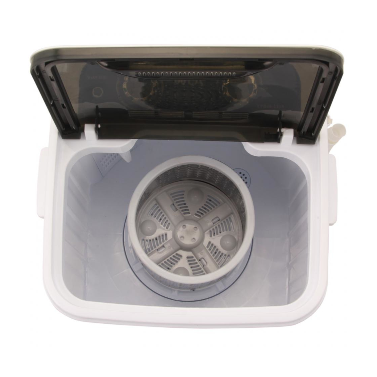 Wasmachine, bovenaanzicht, open deksel, interieur met een roterende trommel en witte buitenkant.