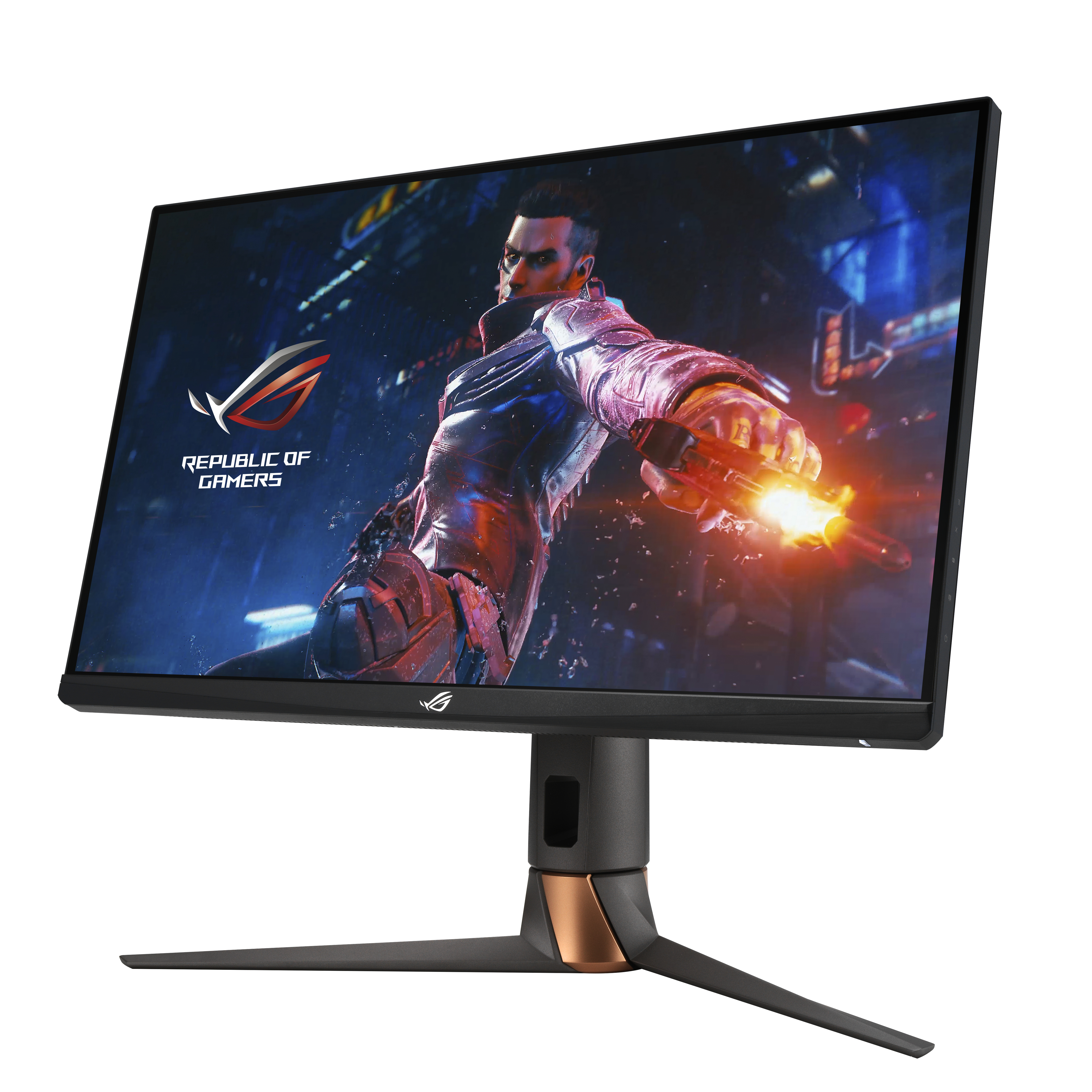 Monitor da gioco con una scena di gioco. Il supporto è nero e rame.